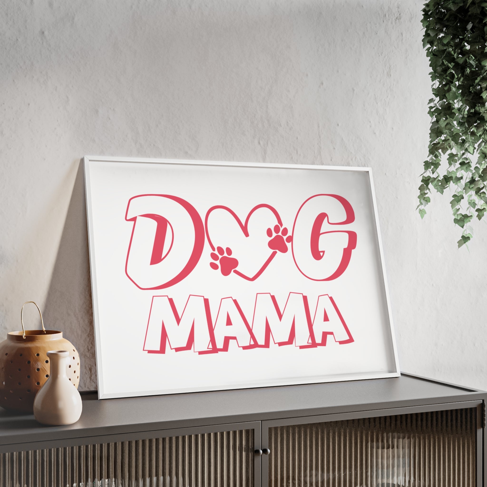 Dog Mama Wall Poster with Wooden Frame — Pink Paw Heart Decor