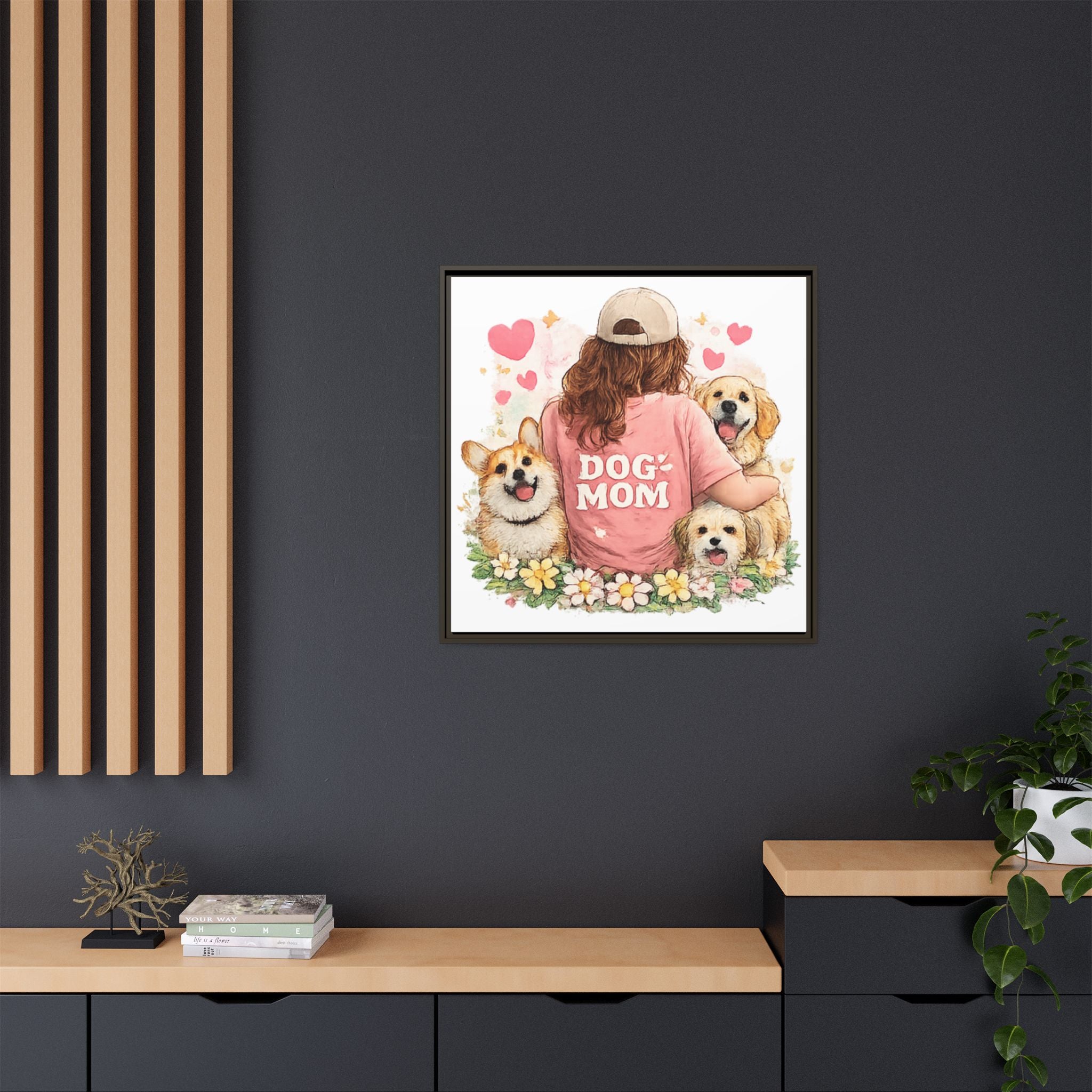 Dog Mom Canvas Print — Framed Matte Wall Art with Cute Dogs & Hearts