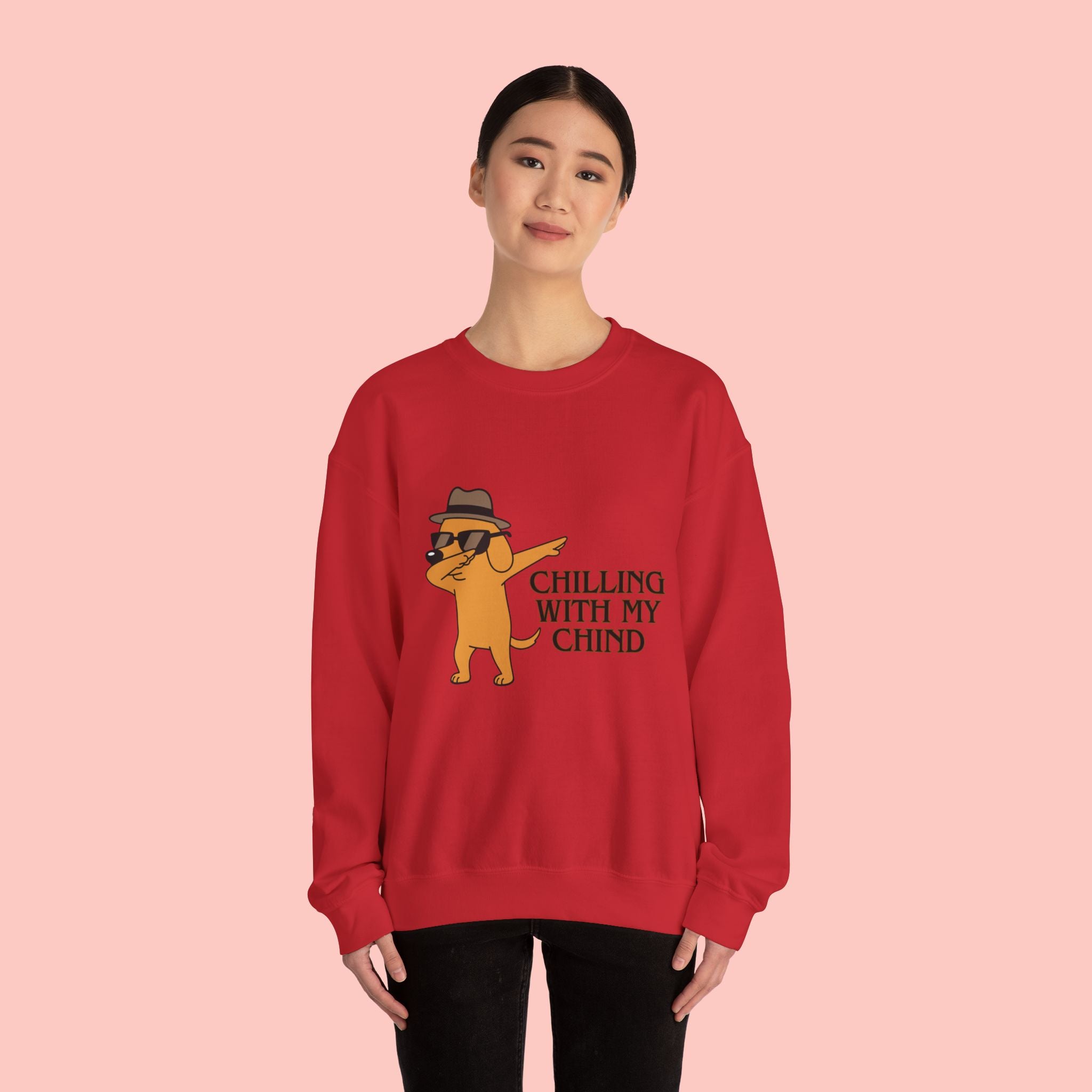 Chilling With My Chind Crewneck Sweatshirt — Funny Dab Dog Graphic Sweatshirt