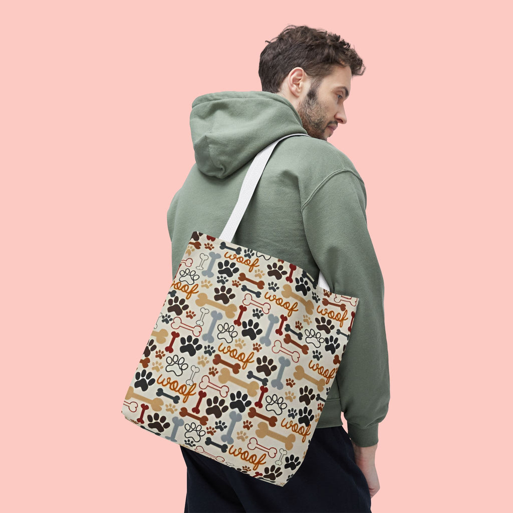 Dog Paw & Bone Pattern Tote Bag — 'Woof' All-Over Print Canvas Tote