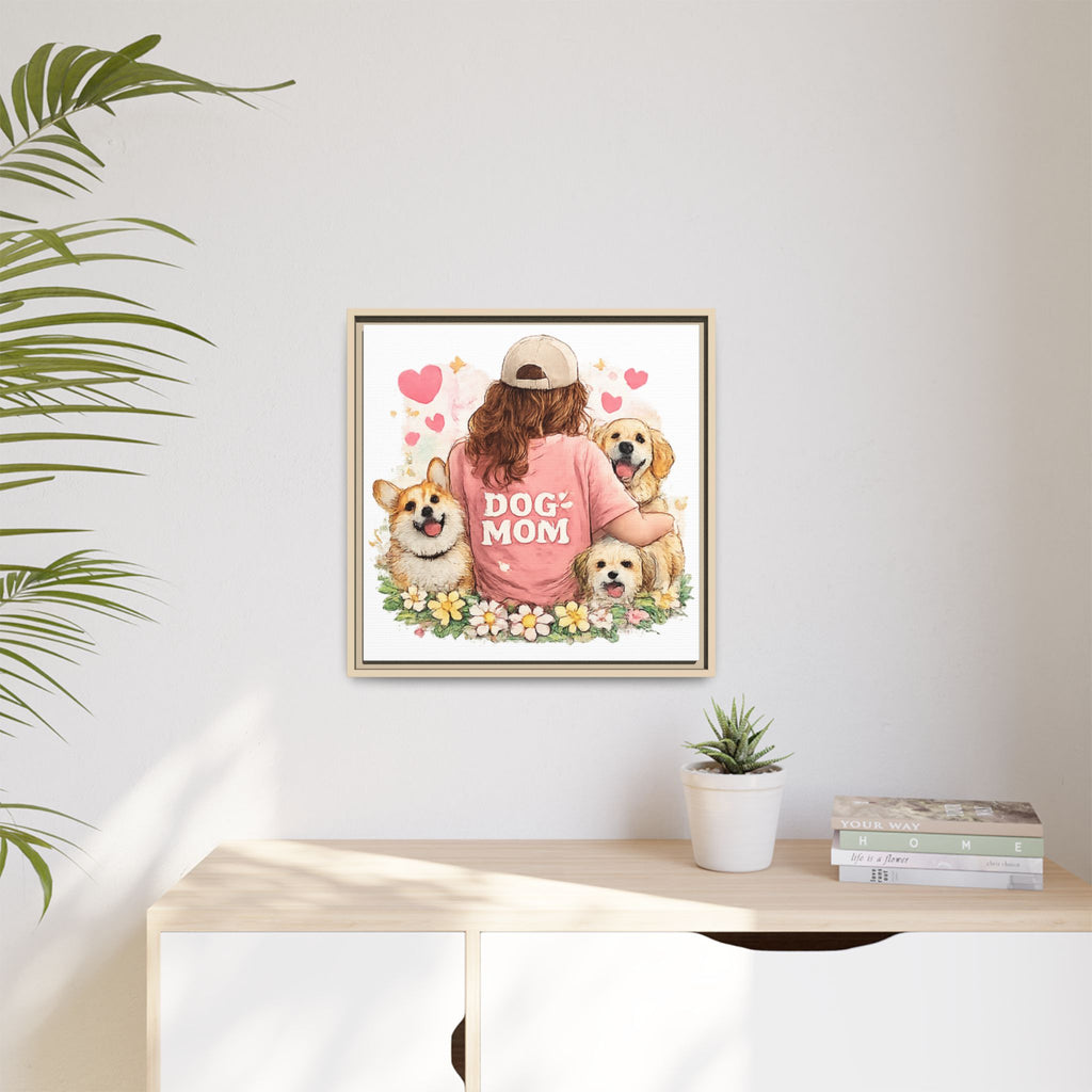 Dog Mom Canvas Print — Framed Matte Wall Art with Cute Dogs & Hearts