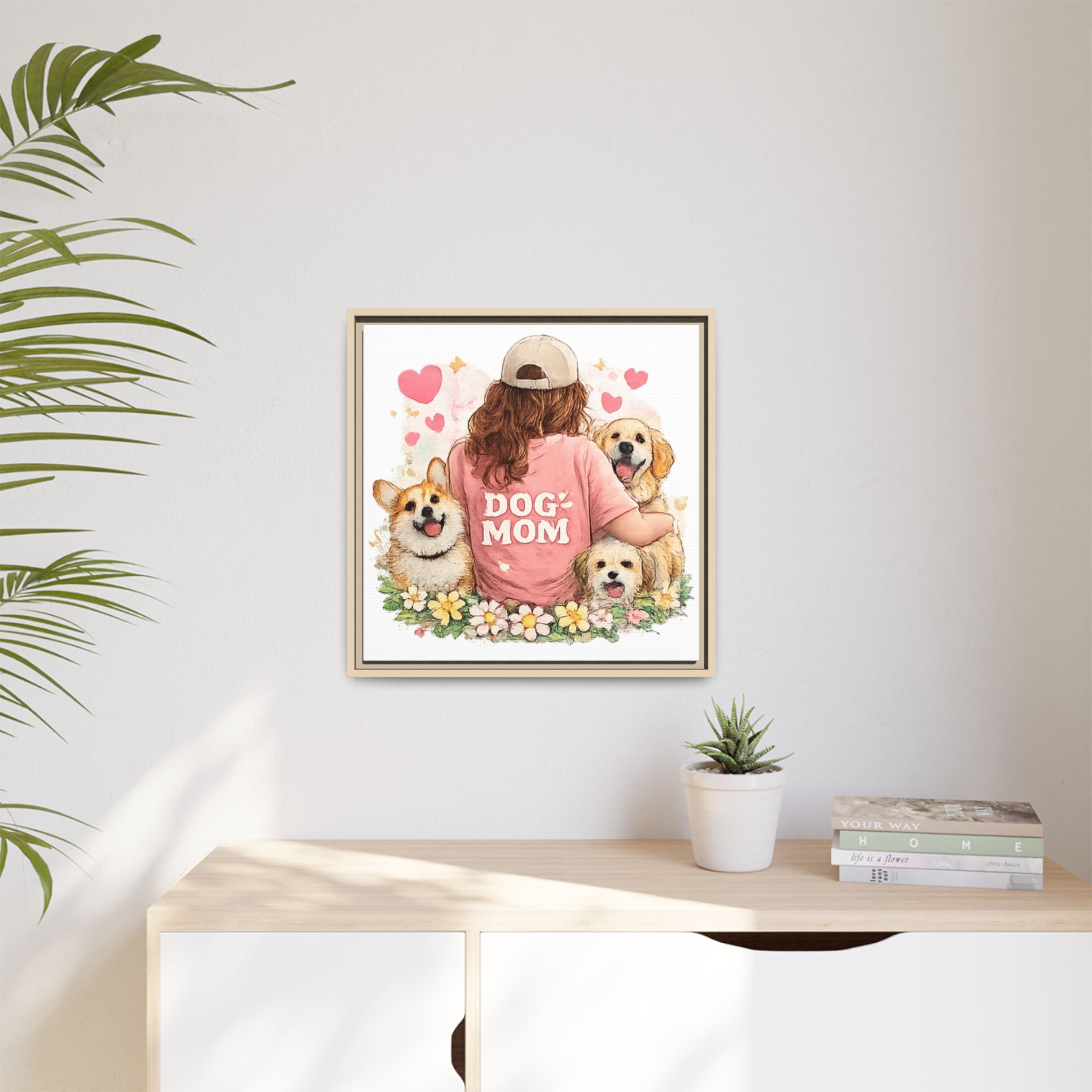 Dog Mom Canvas Print — Framed Matte Wall Art with Cute Dogs & Hearts