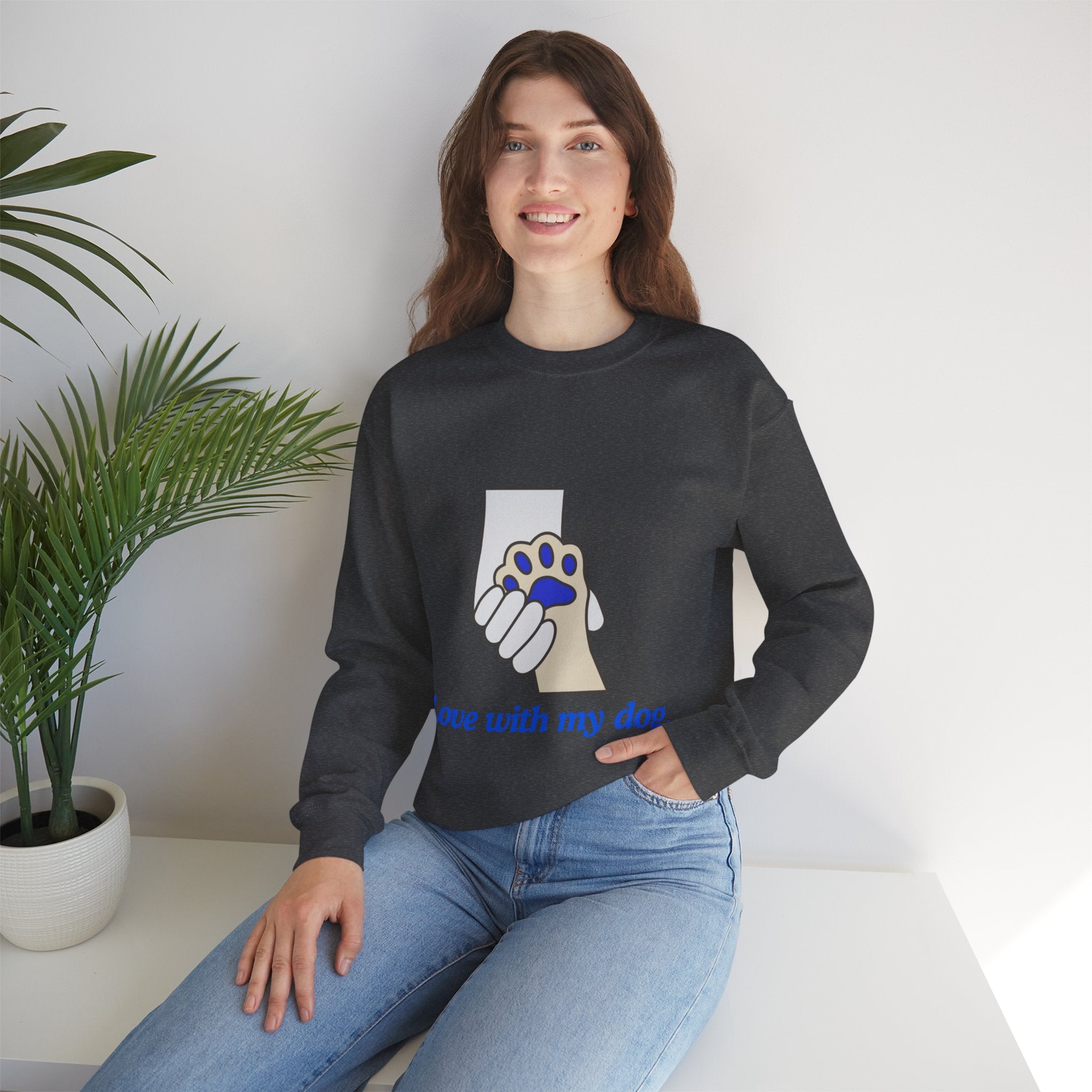 Dog Lover Crewneck Sweatshirt — "Love with my dog." Paw & Hold Graphic