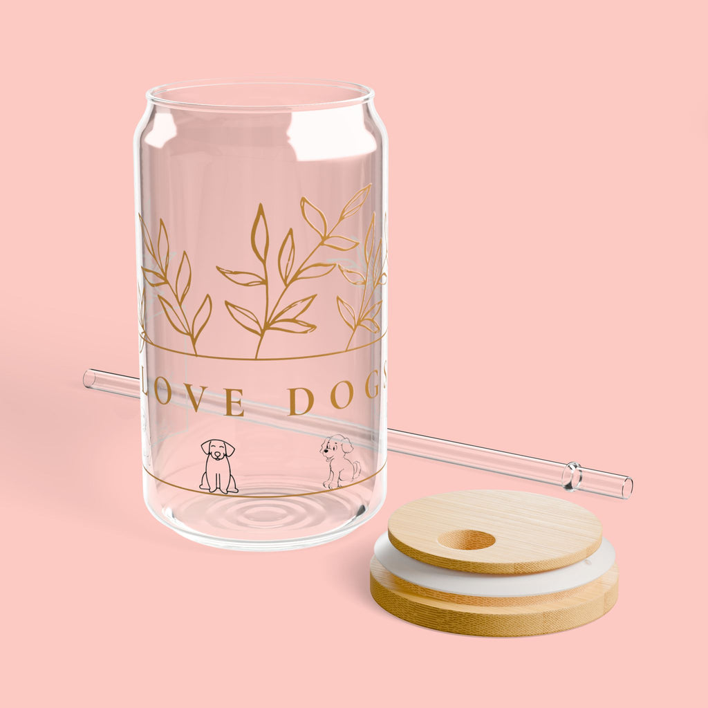 16oz Glass Sipper Tumbler — “Love Dogs” Botanical Design with Bamboo Lid & Straw