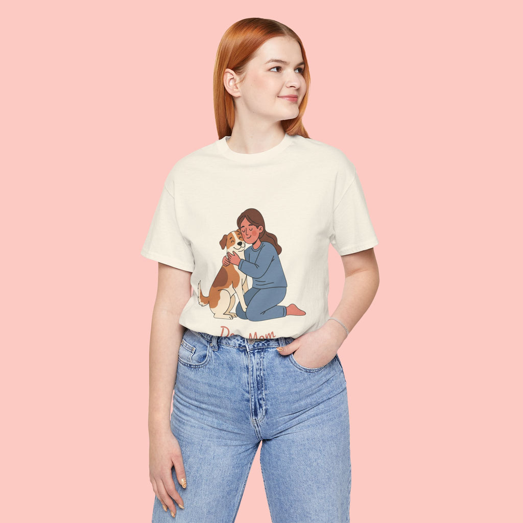 Dog Mom T‑Shirt — Cute Woman Hugging Dog Graphic Tee