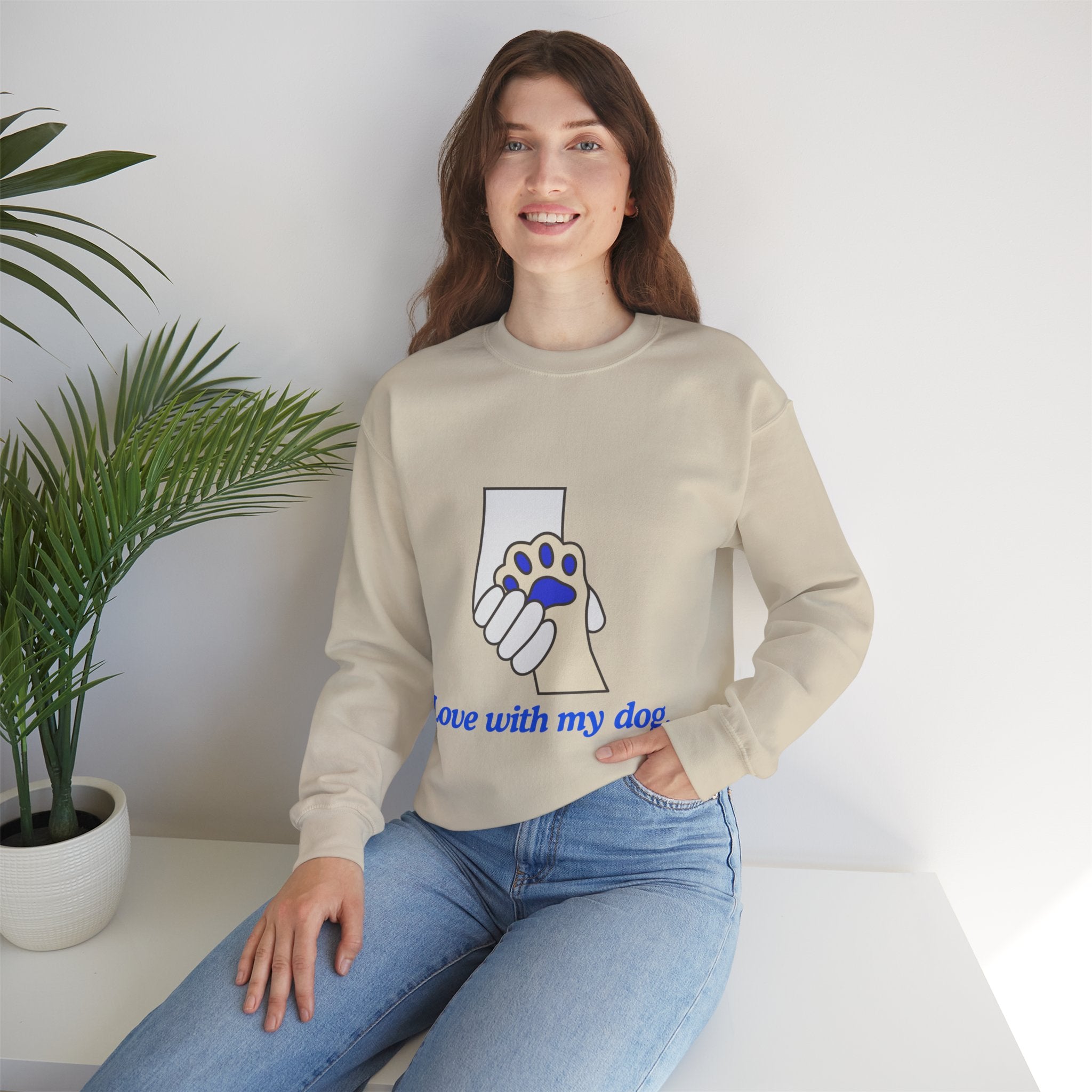 Dog Lover Crewneck Sweatshirt — "Love with my dog." Paw & Hold Graphic