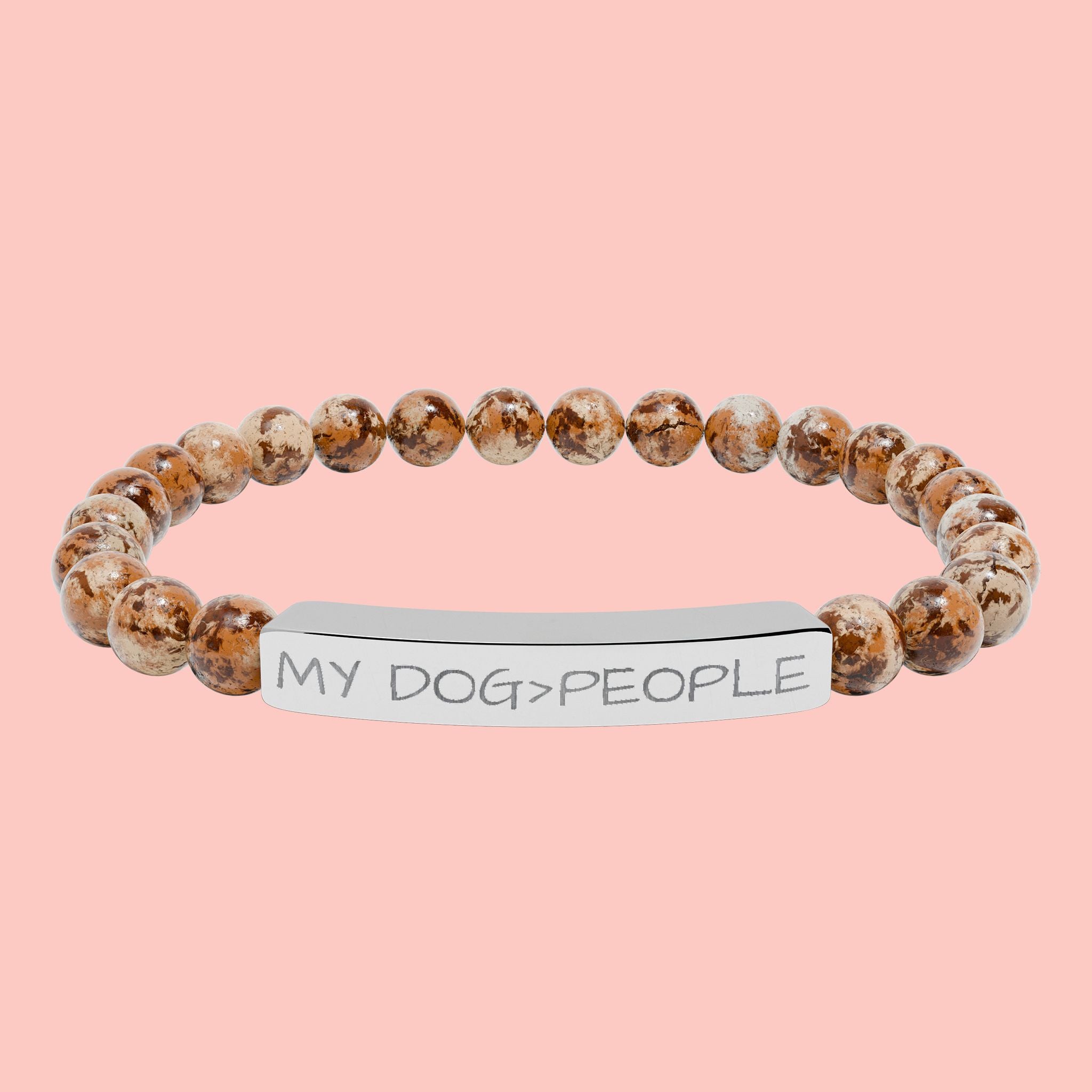 Engraved Natural Stone Bar Bracelet — "My Dog = People" Stretch Bracelet