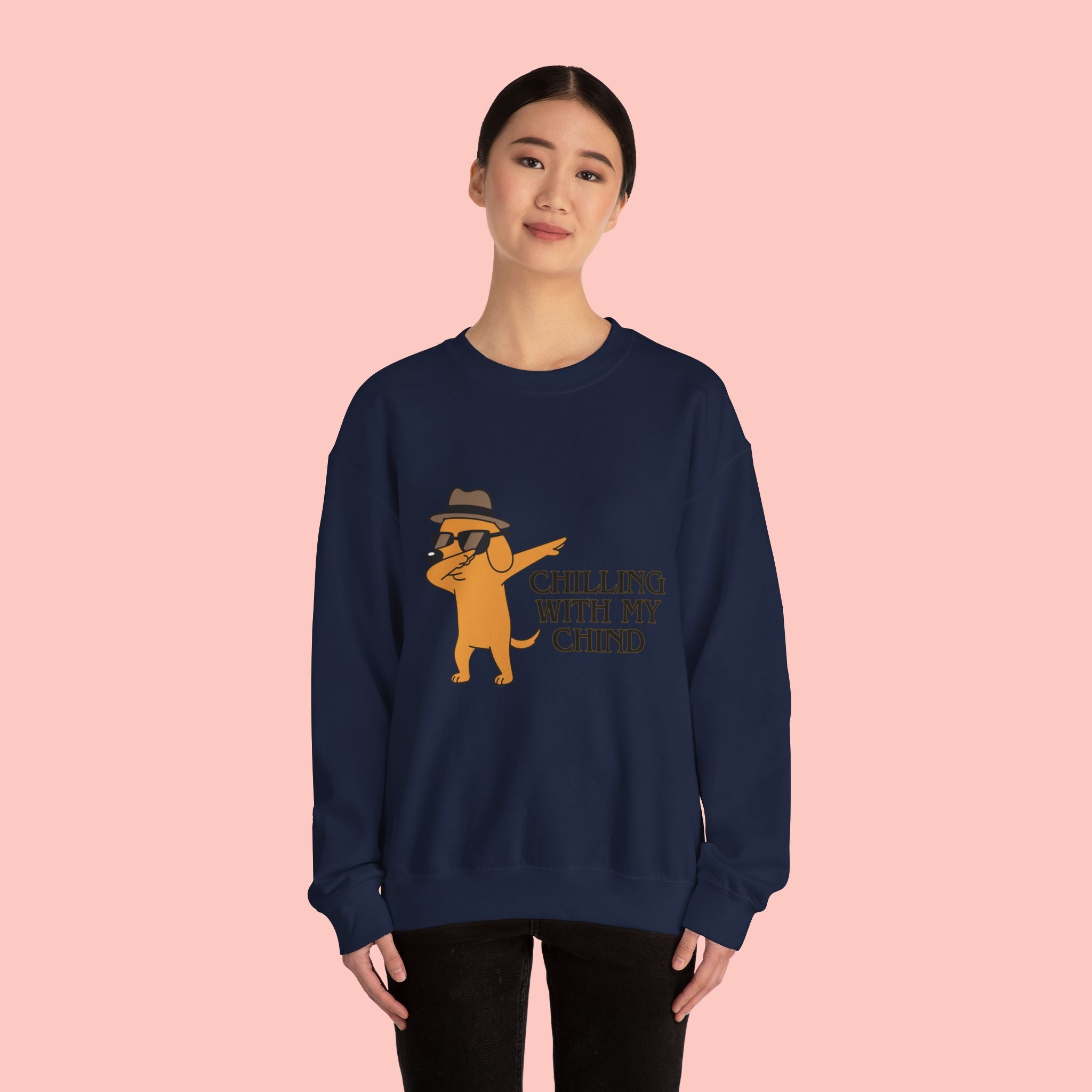 Chilling With My Chind Crewneck Sweatshirt — Funny Dab Dog Graphic Sweatshirt