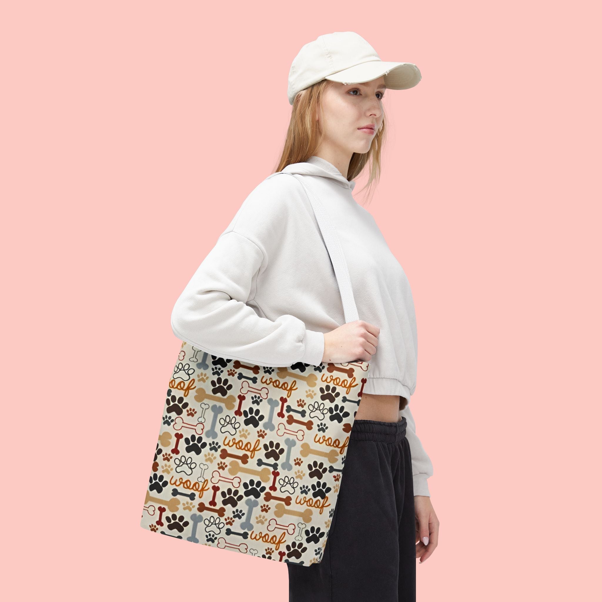 Dog Paw & Bone Pattern Tote Bag — 'Woof' All-Over Print Canvas Tote
