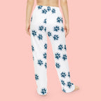 Paw Print Women's Pajama Pants — Cozy White Lounge Pants with Blue Dog/Cat Paw Pattern