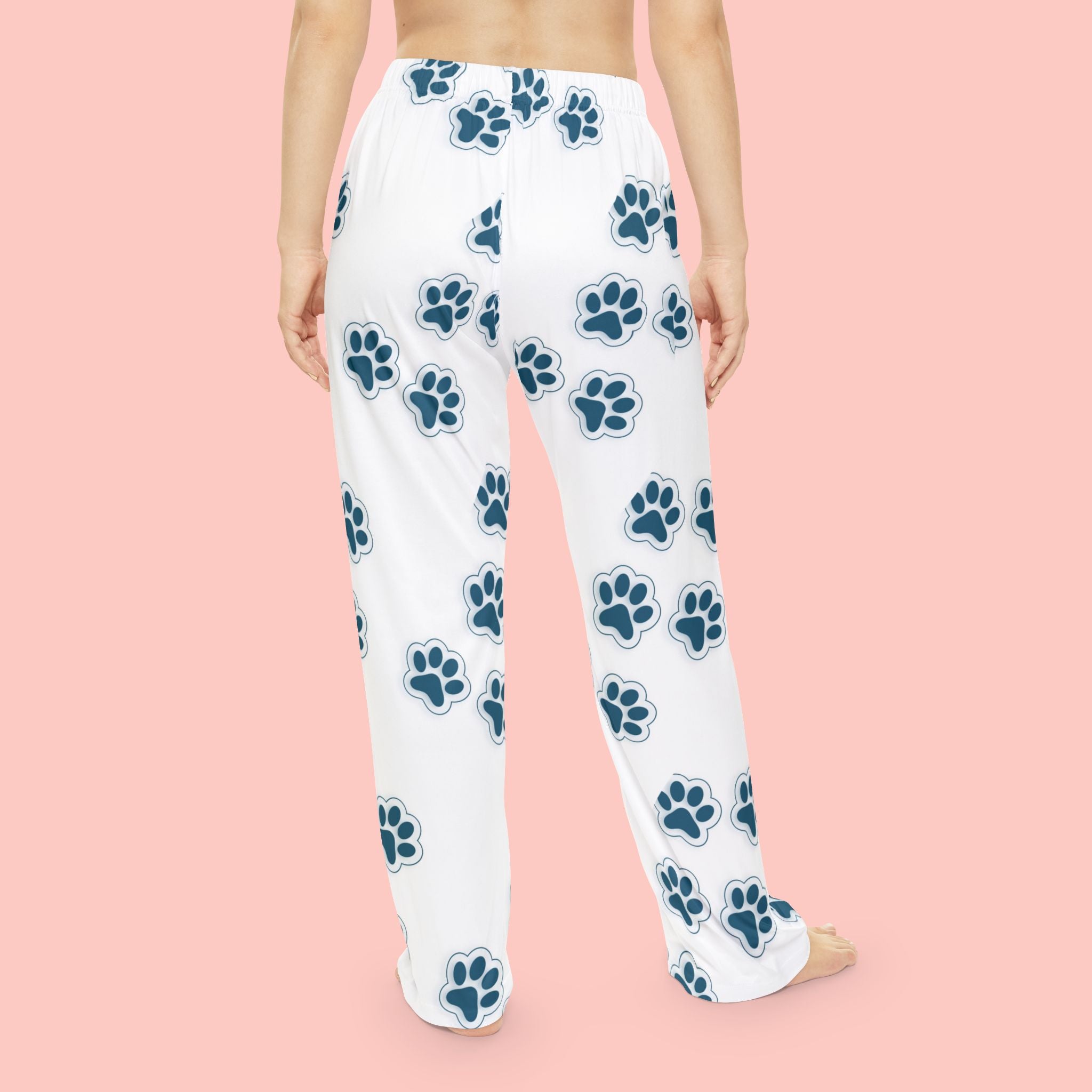 Paw Print Women's Pajama Pants — Cozy White Lounge Pants with Blue Dog/Cat Paw Pattern