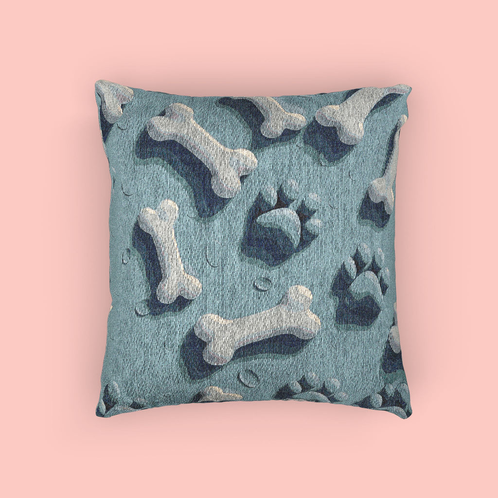 Woven Pillow — Blue Paw & Bone Pattern Decorative Pillow