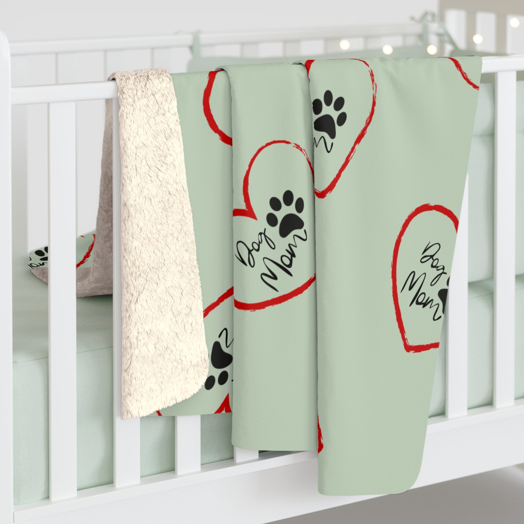 Sherpa Blanket — Mint Heart Paw Print "Dog Mom" Cozy Throw