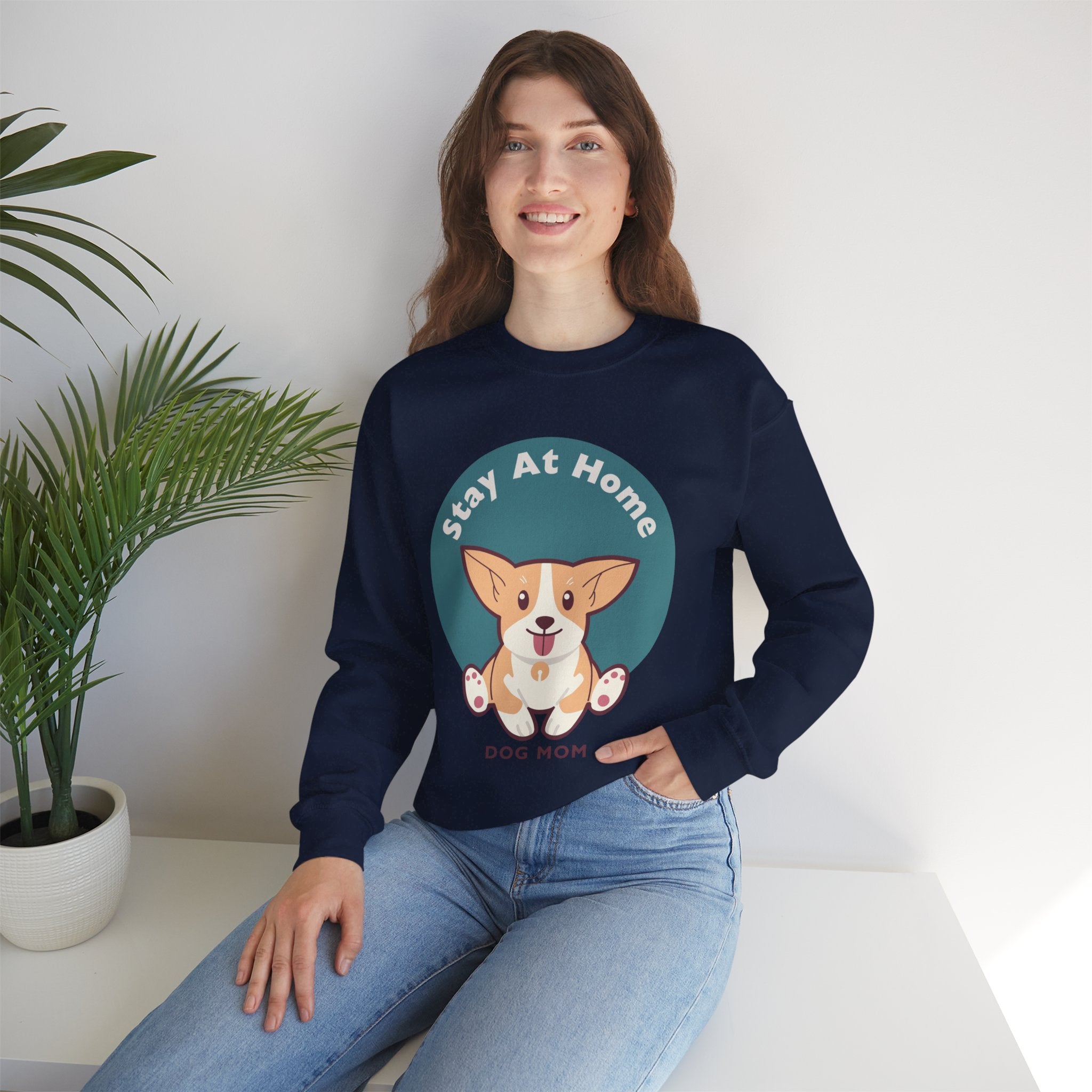 Stay At Home Dog Mom Crewneck Sweatshirt — Cute Corgi Graphic Sweatshirt