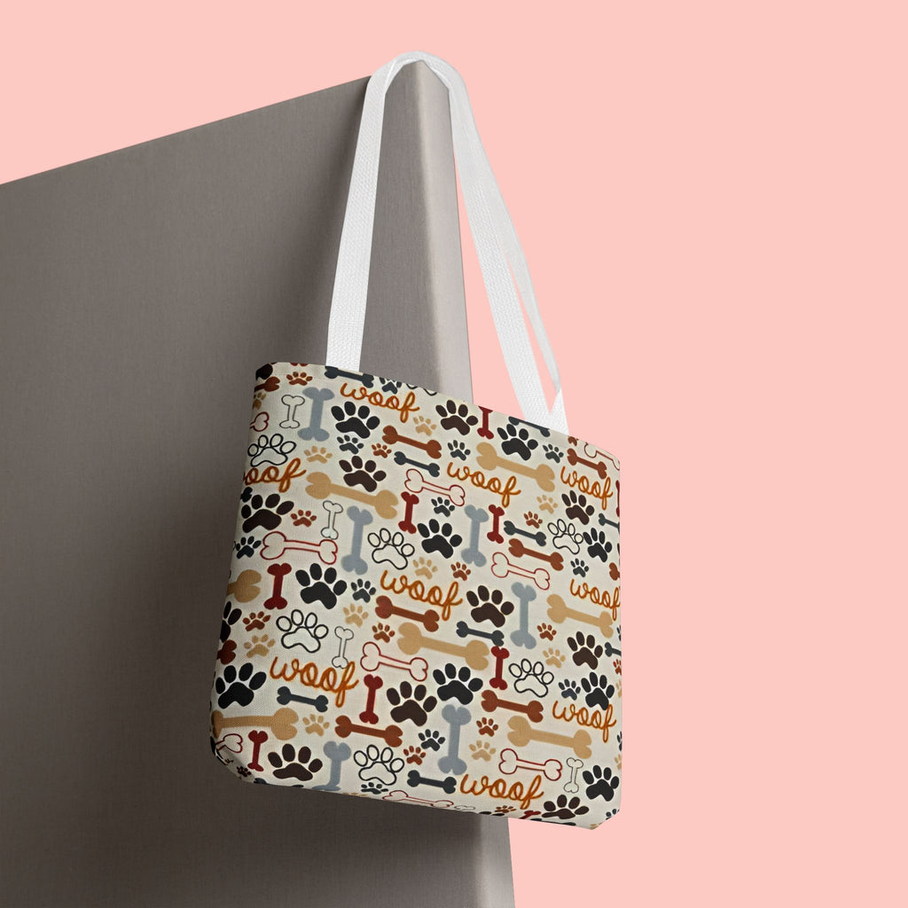 Dog Paw & Bone Pattern Tote Bag — 'Woof' All-Over Print Canvas Tote