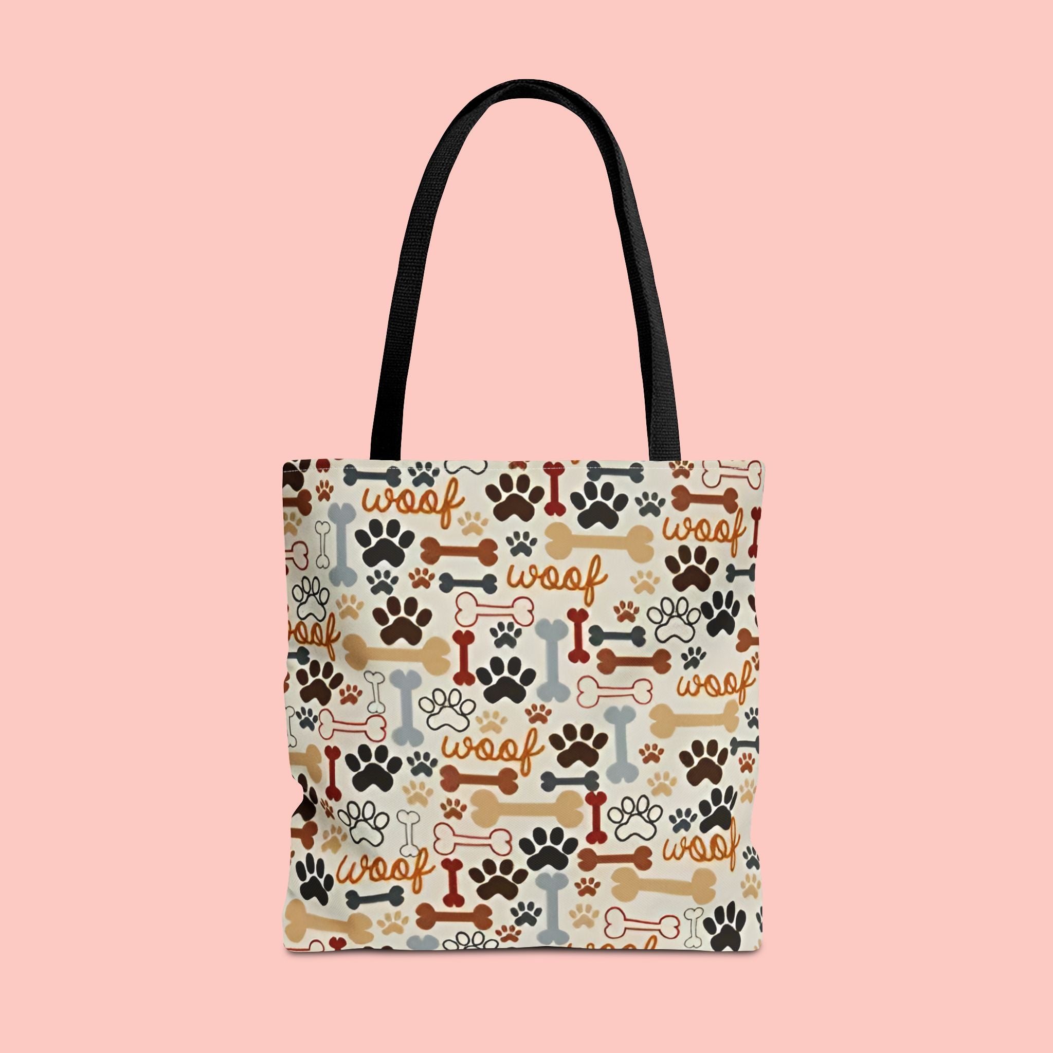 Dog Paw & Bone Pattern Tote Bag — 'Woof' All-Over Print Canvas Tote