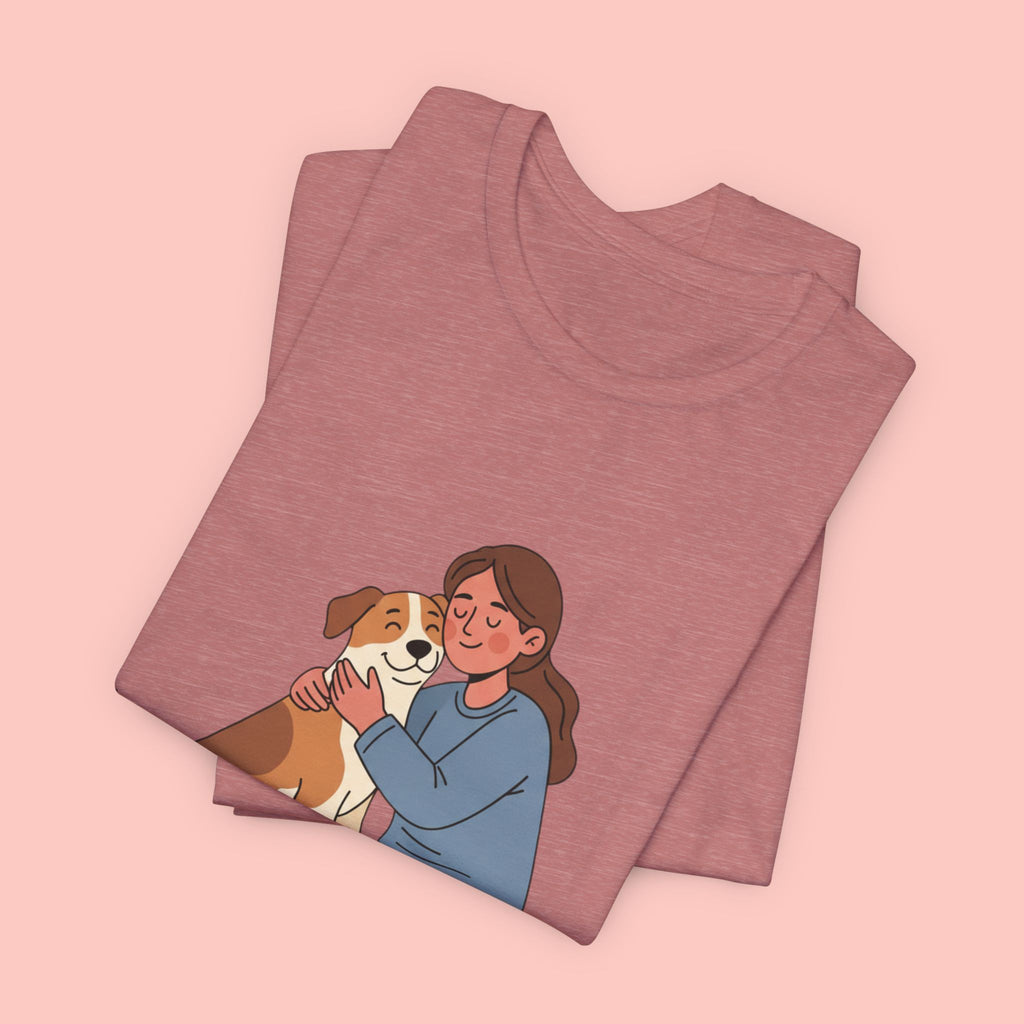 Dog Mom T‑Shirt — Cute Woman Hugging Dog Graphic Tee