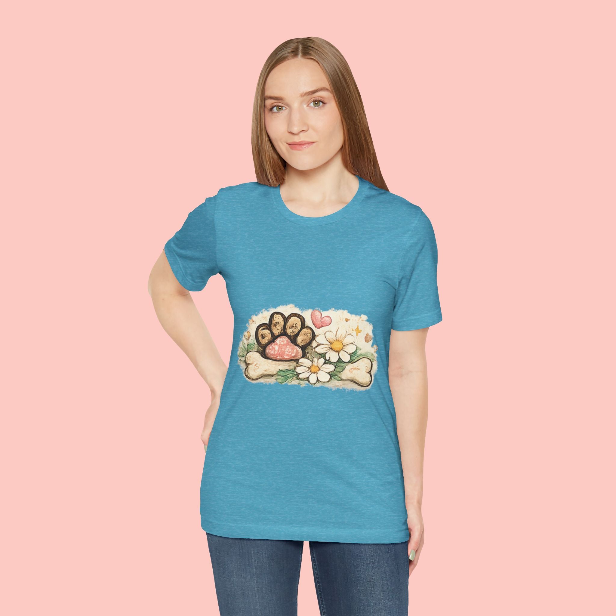Dog Paw Floral T-Shirt — Cute Paw Print, Bone & Daisies Tee