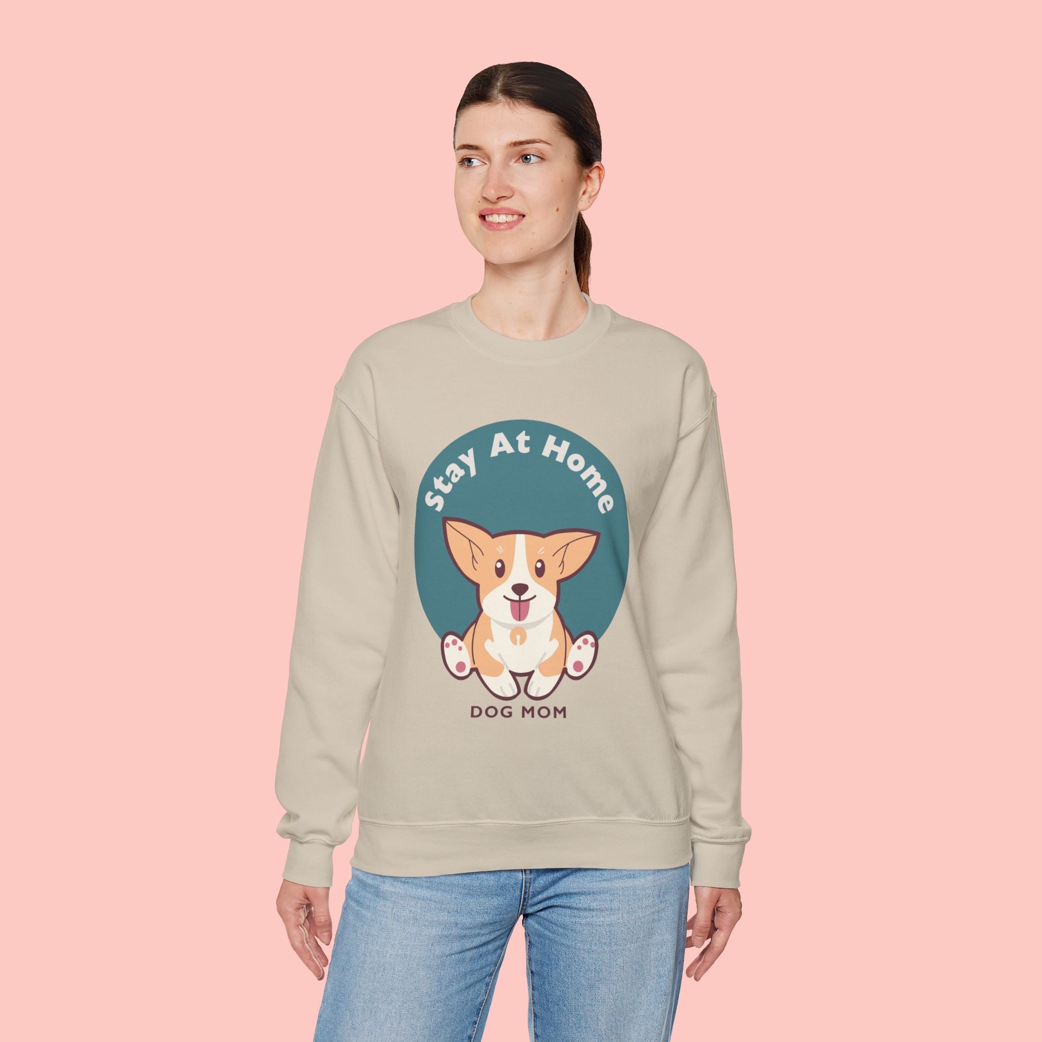 Stay At Home Dog Mom Crewneck Sweatshirt — Cute Corgi Graphic Sweatshirt