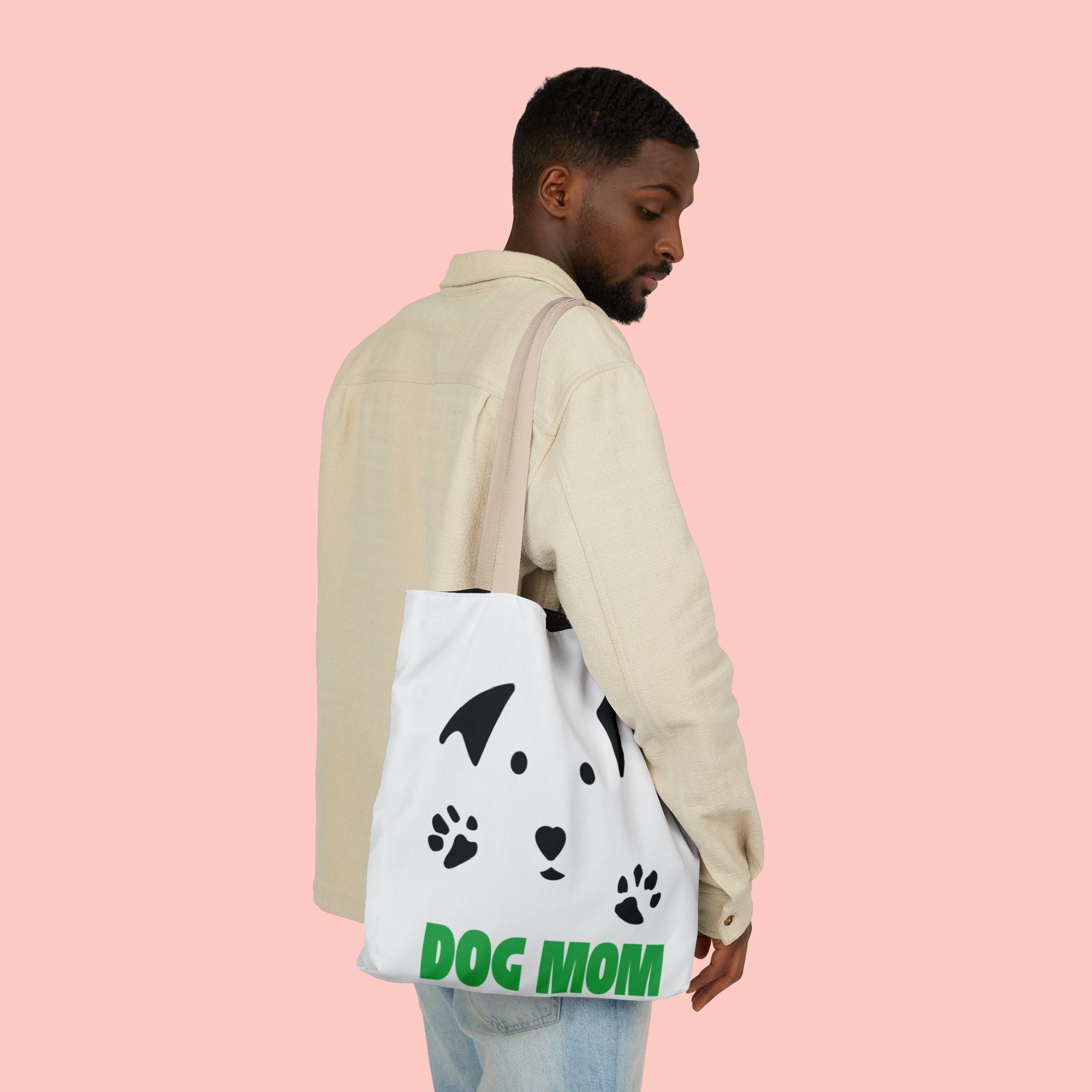Dog Mom Canvas Tote Bag — Cute Paw Print Dog Face Tote for Pet Lovers