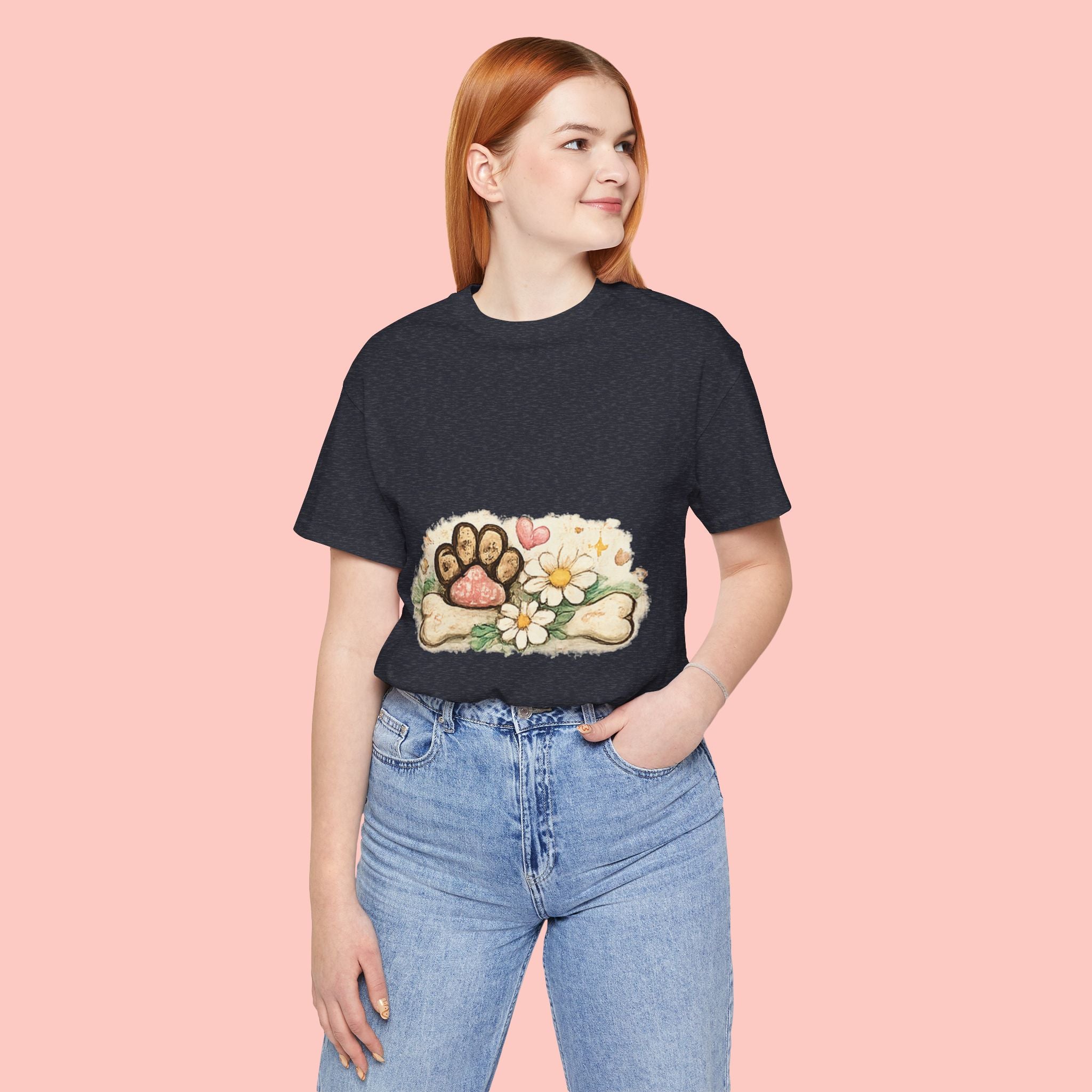 Dog Paw Floral T-Shirt — Cute Paw Print, Bone & Daisies Tee