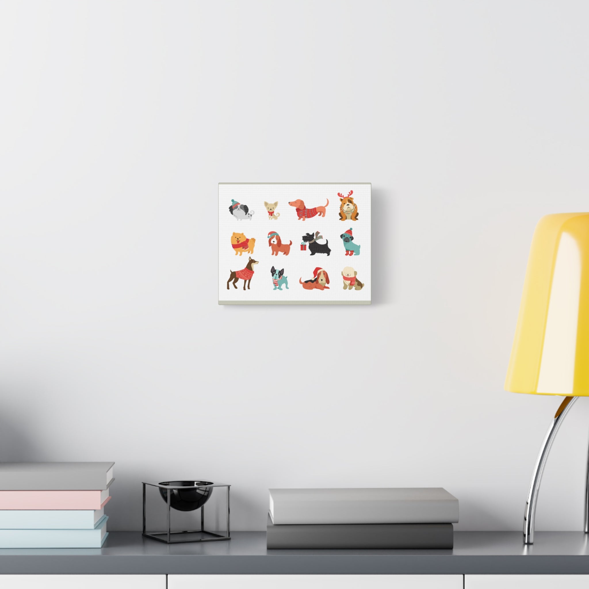 Holiday Dogs Canvas Wall Art — Cute Dachshund, Pug & Mixed Breeds in Winter Sweaters