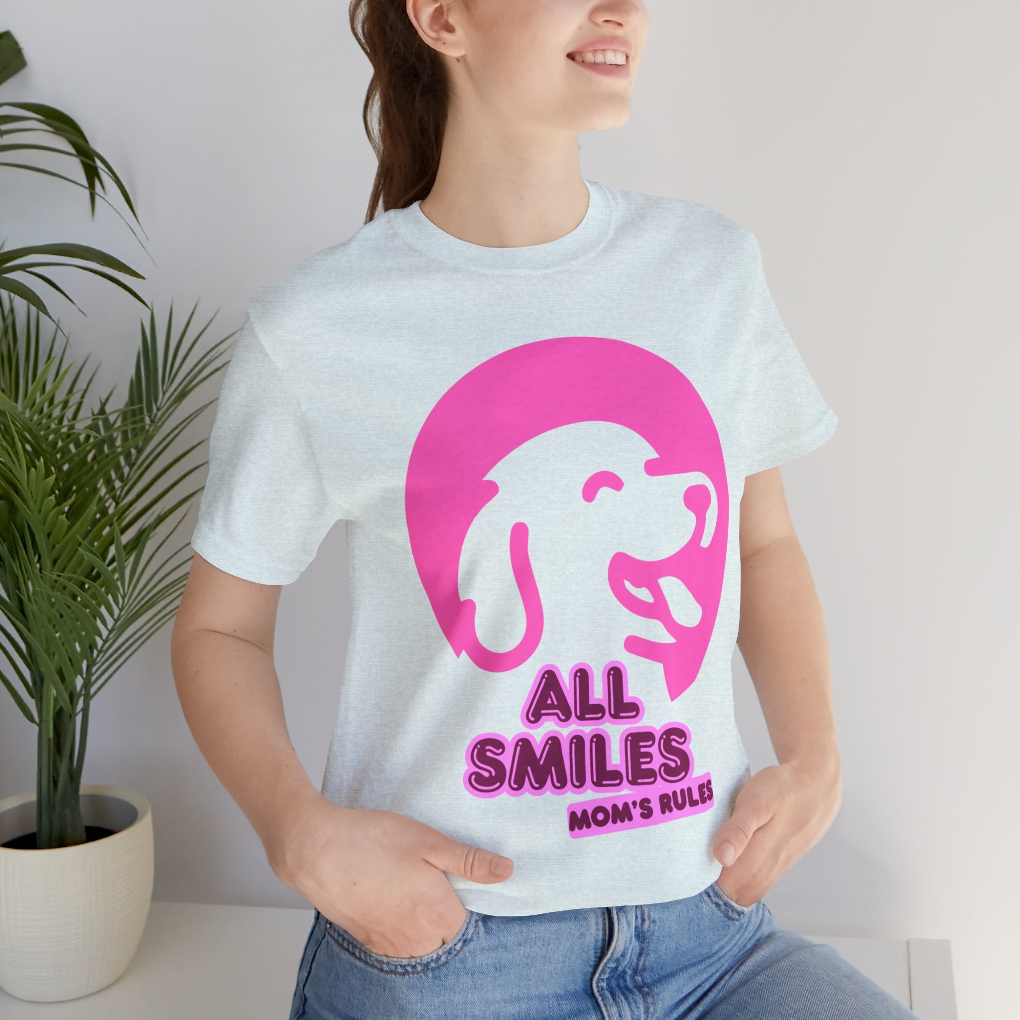 All Smiles Mom's Rules T-Shirt — Cute Pink Dog Graphic Tee for Moms & Pet Lovers
