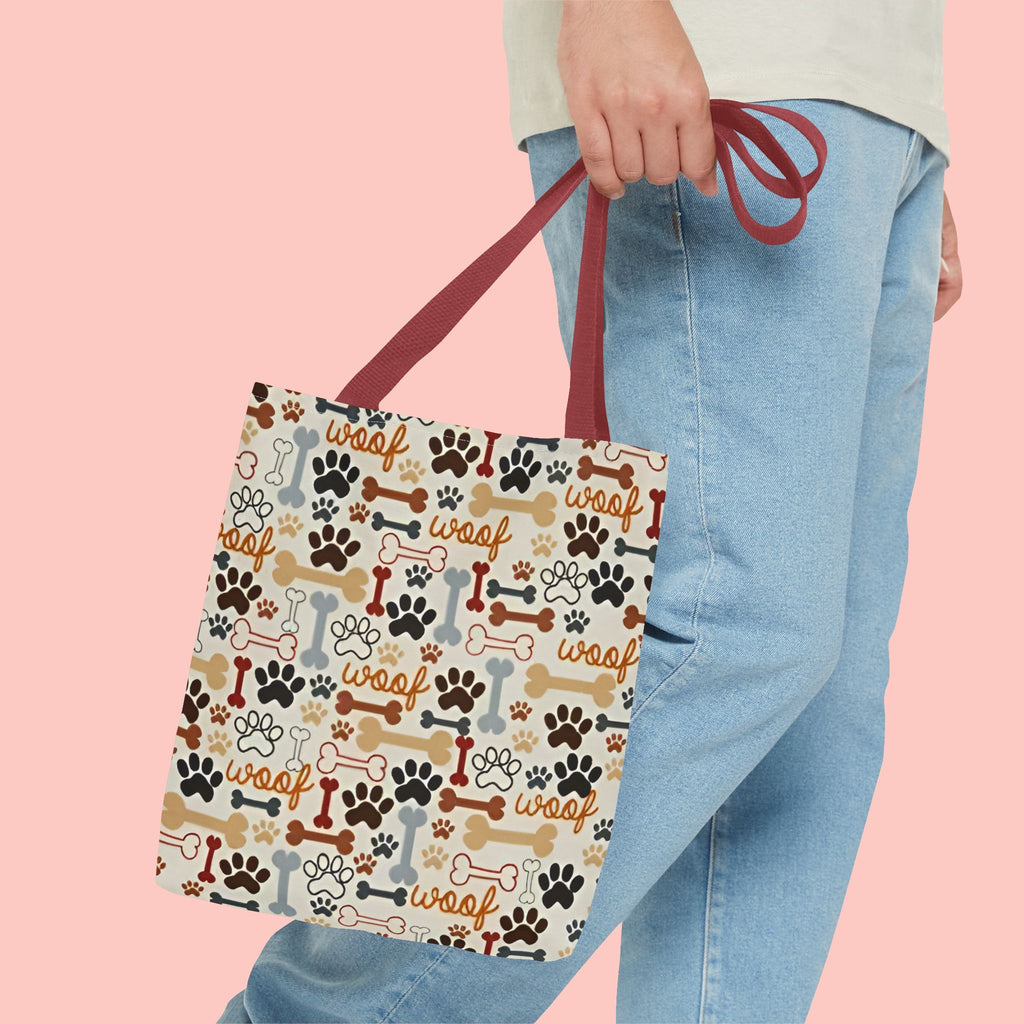 Dog Paw & Bone Pattern Tote Bag — 'Woof' All-Over Print Canvas Tote
