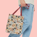 Dog Paw & Bone Pattern Tote Bag — 'Woof' All-Over Print Canvas Tote