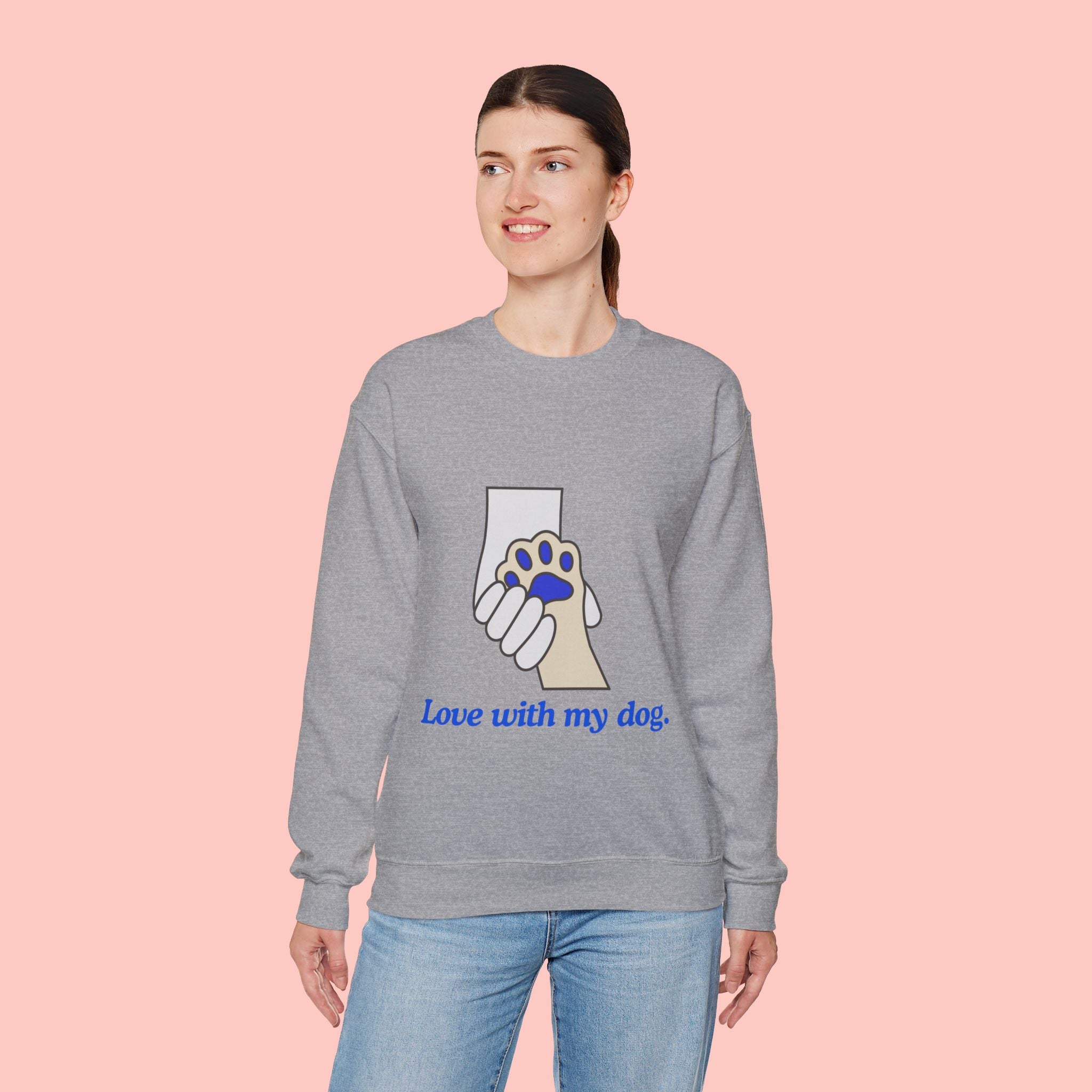 Dog Lover Crewneck Sweatshirt — "Love with my dog." Paw & Hold Graphic