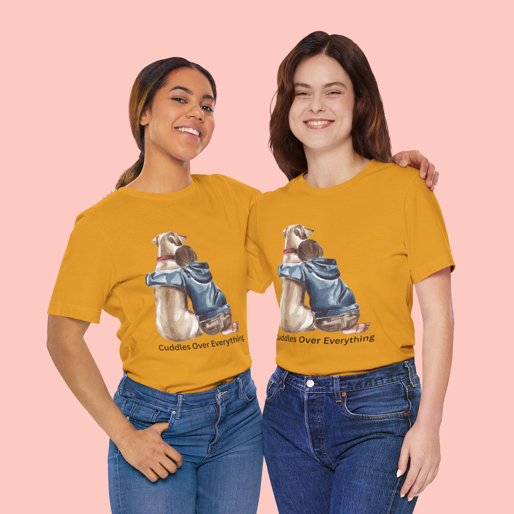 Cuddles Over Everything Tee — Boy Hugging Dog Animal Lover T-Shirt