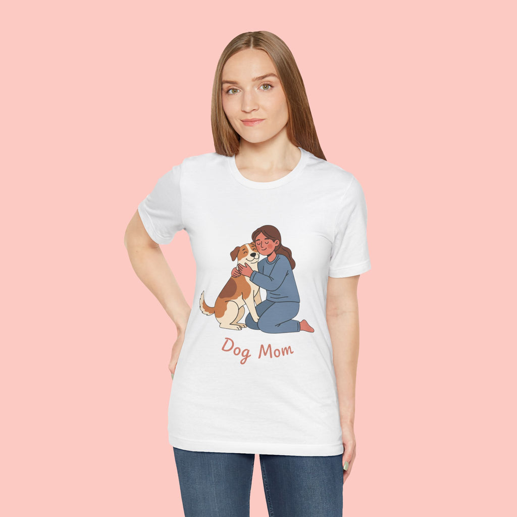 Dog Mom T‑Shirt — Cute Woman Hugging Dog Graphic Tee