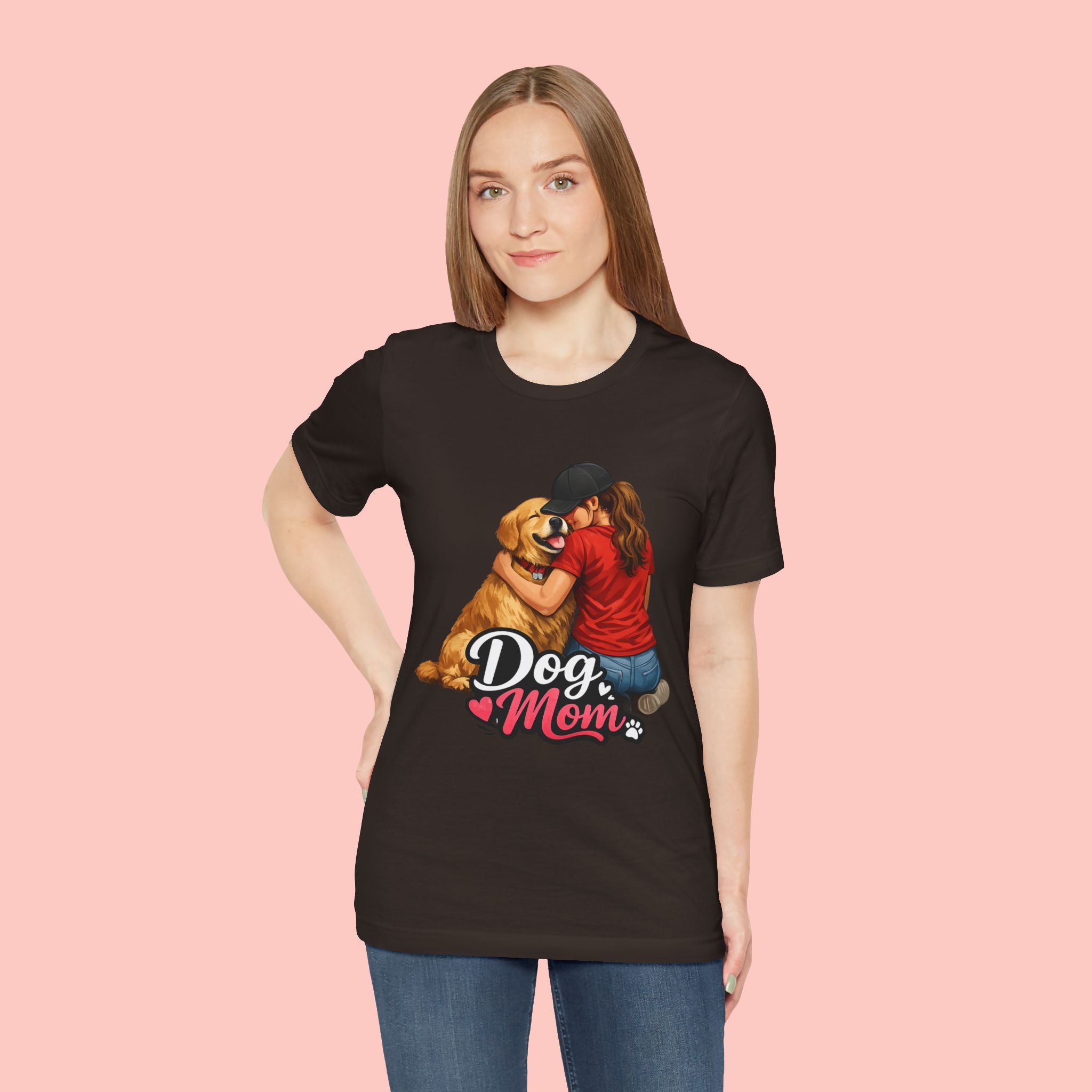 Dog Mom T-Shirt - Cute Woman Hugging Golden Retriever Tee