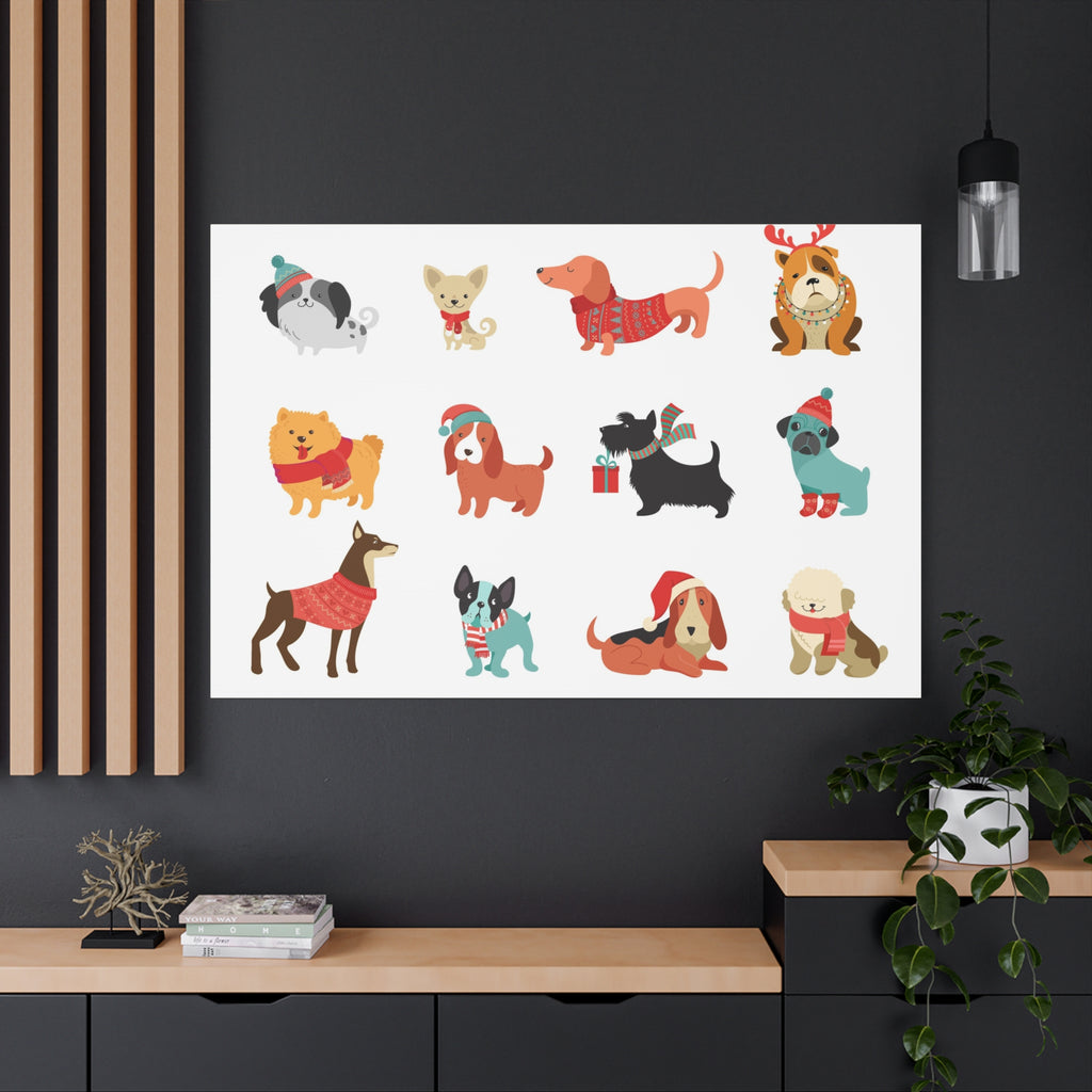 Holiday Dogs Canvas Wall Art — Cute Dachshund, Pug & Mixed Breeds in Winter Sweaters