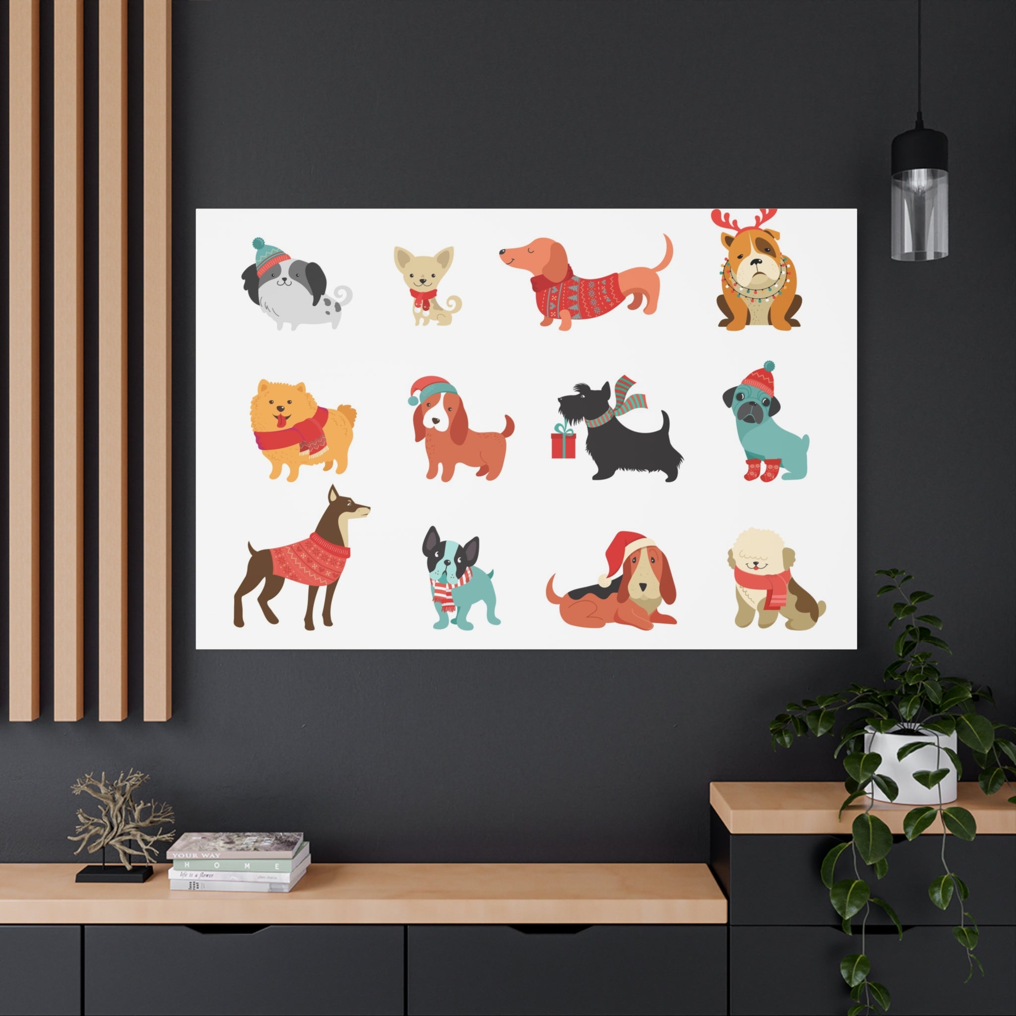Holiday Dogs Canvas Wall Art — Cute Dachshund, Pug & Mixed Breeds in Winter Sweaters
