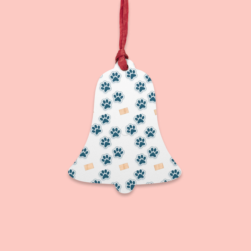 Bell Wooden Ornament with Paw Print & Bandage Pattern — Pet Memorial Holiday Decoration