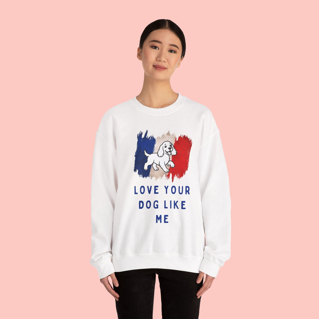 Crewneck Sweatshirt - "Love Your Dog Like Me" French Flag Puppy Graphic