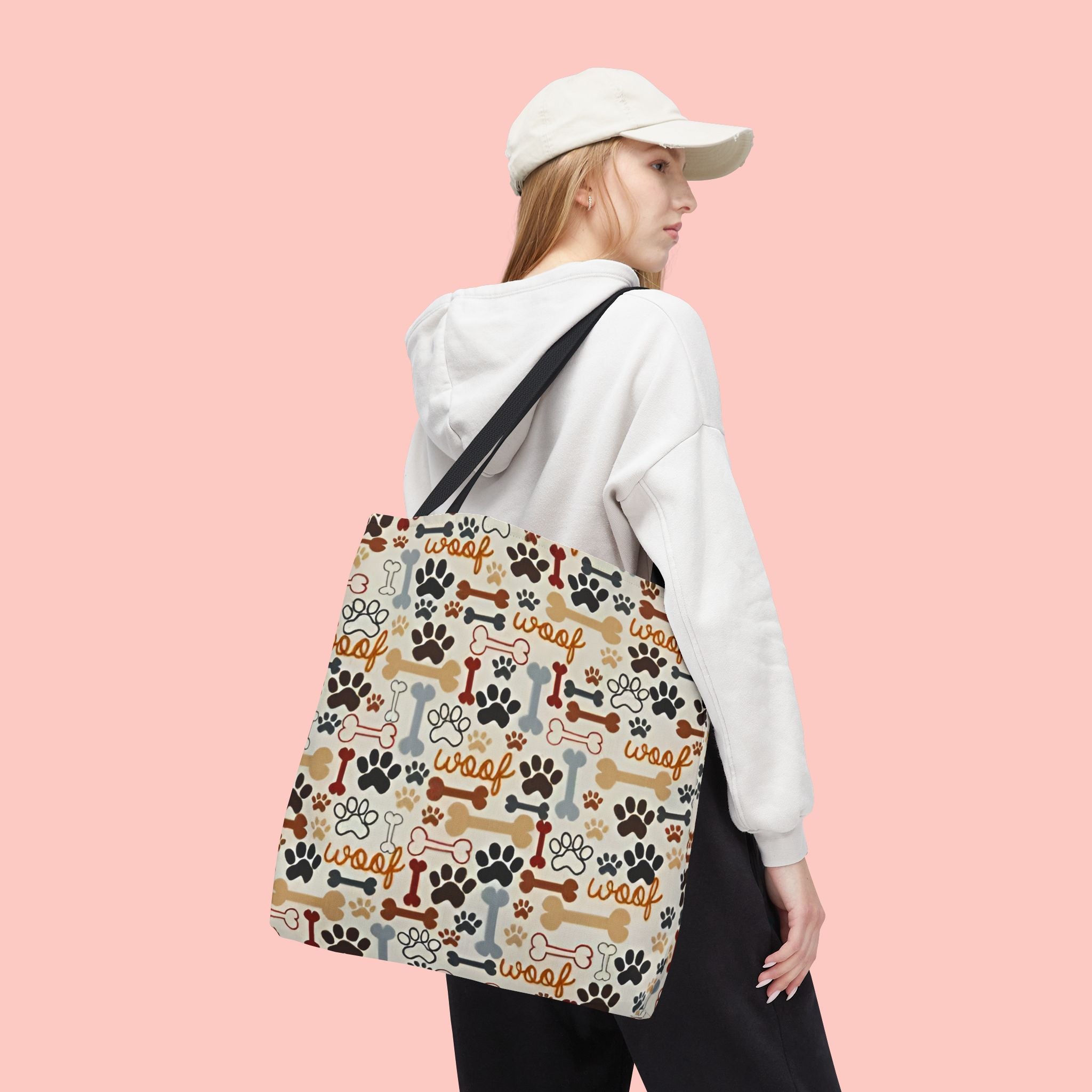 Dog Paw & Bone Pattern Tote Bag — 'Woof' All-Over Print Canvas Tote
