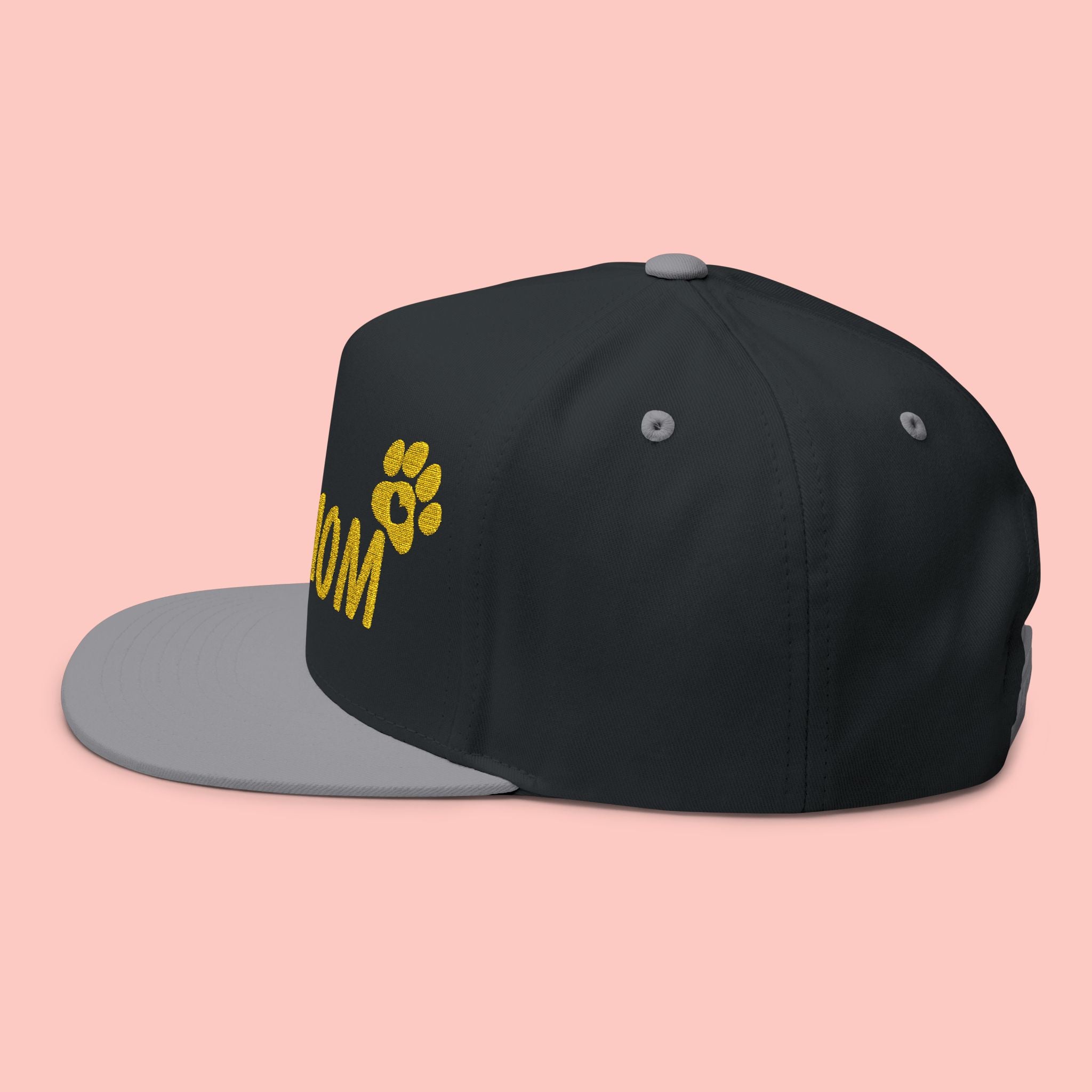 Dog Mom Embroidered Flat Bill Cap — Paw Print Snapback Hat