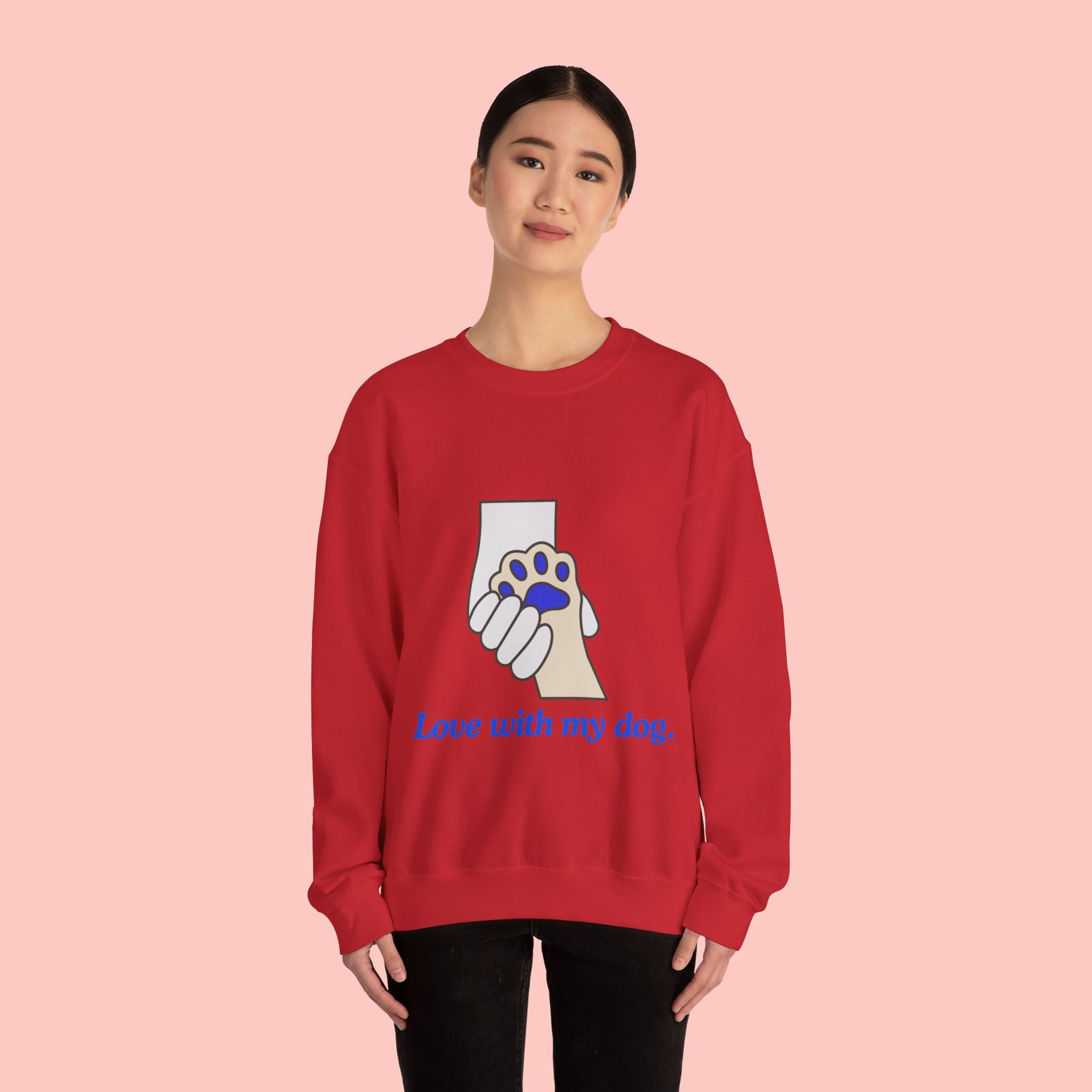 Dog Lover Crewneck Sweatshirt — "Love with my dog." Paw & Hold Graphic
