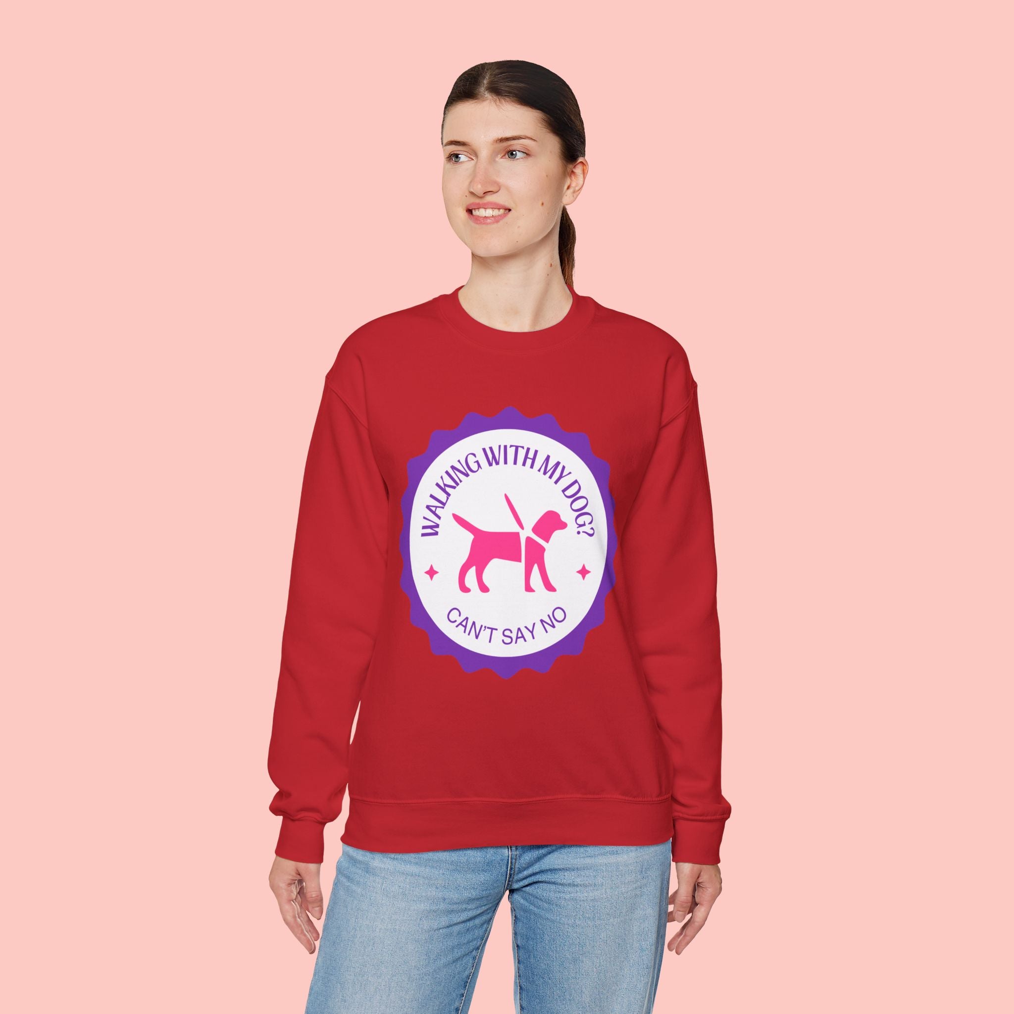 Dog Walking Sweatshirt — "Walking With My Dog Can't Say No" Graphic Crewneck