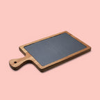 Engraved Oak Charcuterie Board with Slate Insert & Cheese Tools — "Dinner Is Served (After I Feed The Dog)"