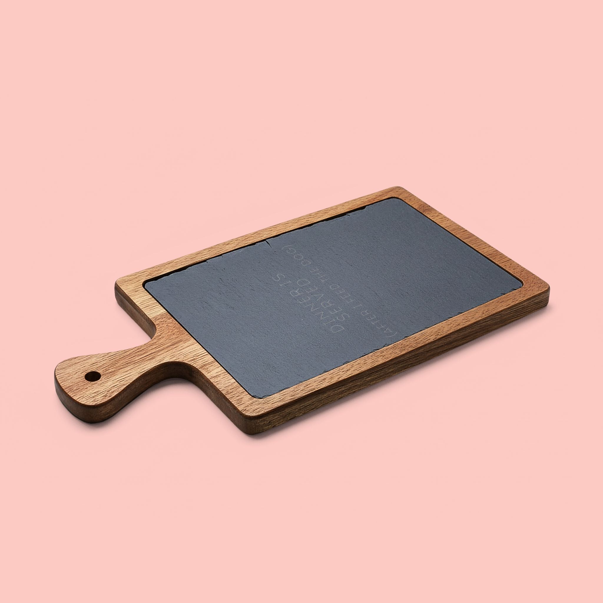 Engraved Oak Charcuterie Board with Slate Insert & Cheese Tools — "Dinner Is Served (After I Feed The Dog)"