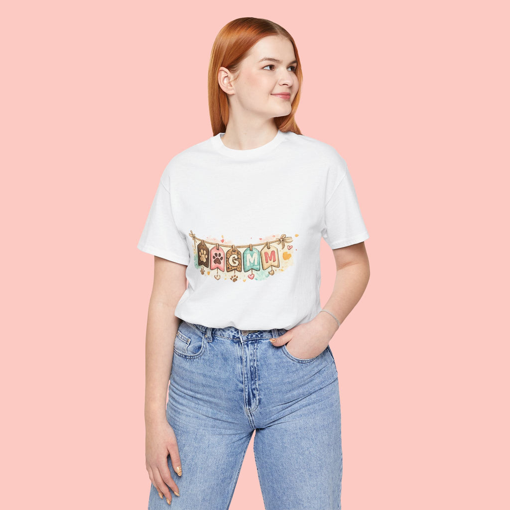 Pet Mom Banner Tee — Cute Paw Print "MOM" Graphic T-Shirt