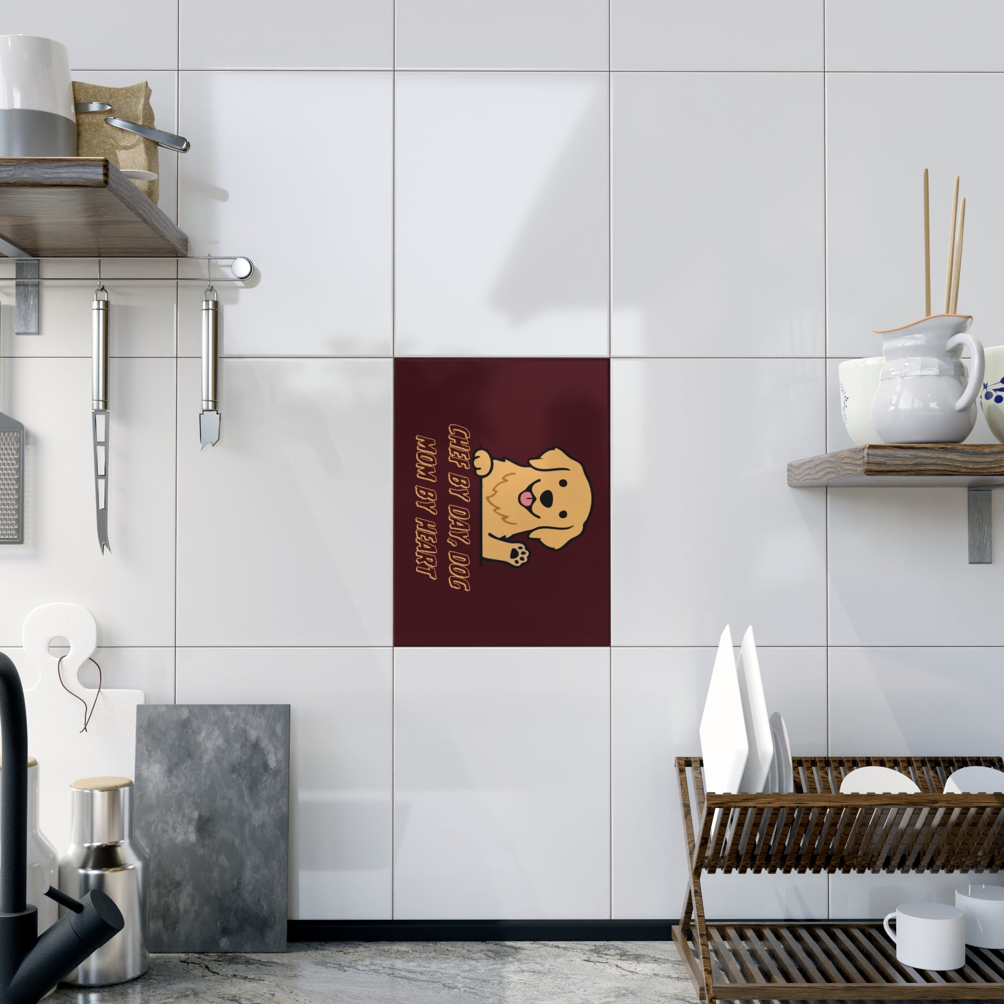 Ceramic Photo Tile — "Chef by Day, Dog Mom by Heart" Cute Golden Retriever Gift