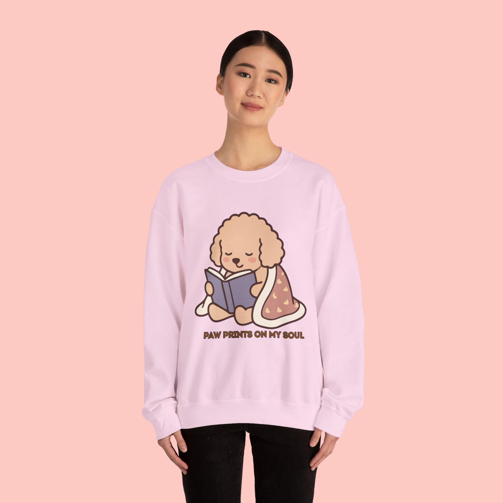 Cozy Reading Puppy Sweatshirt — "Paw Prints On My Soul" Crewneck
