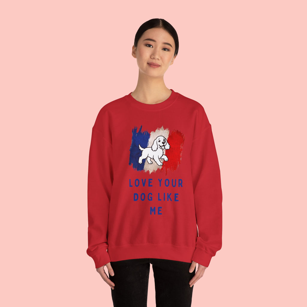 Crewneck Sweatshirt - "Love Your Dog Like Me" French Flag Puppy Graphic