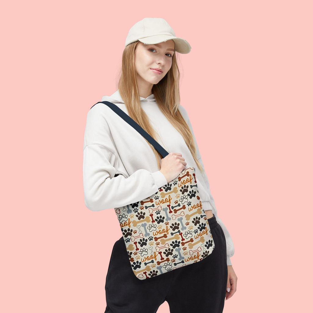 Dog Paw & Bone Pattern Tote Bag — 'Woof' All-Over Print Canvas Tote
