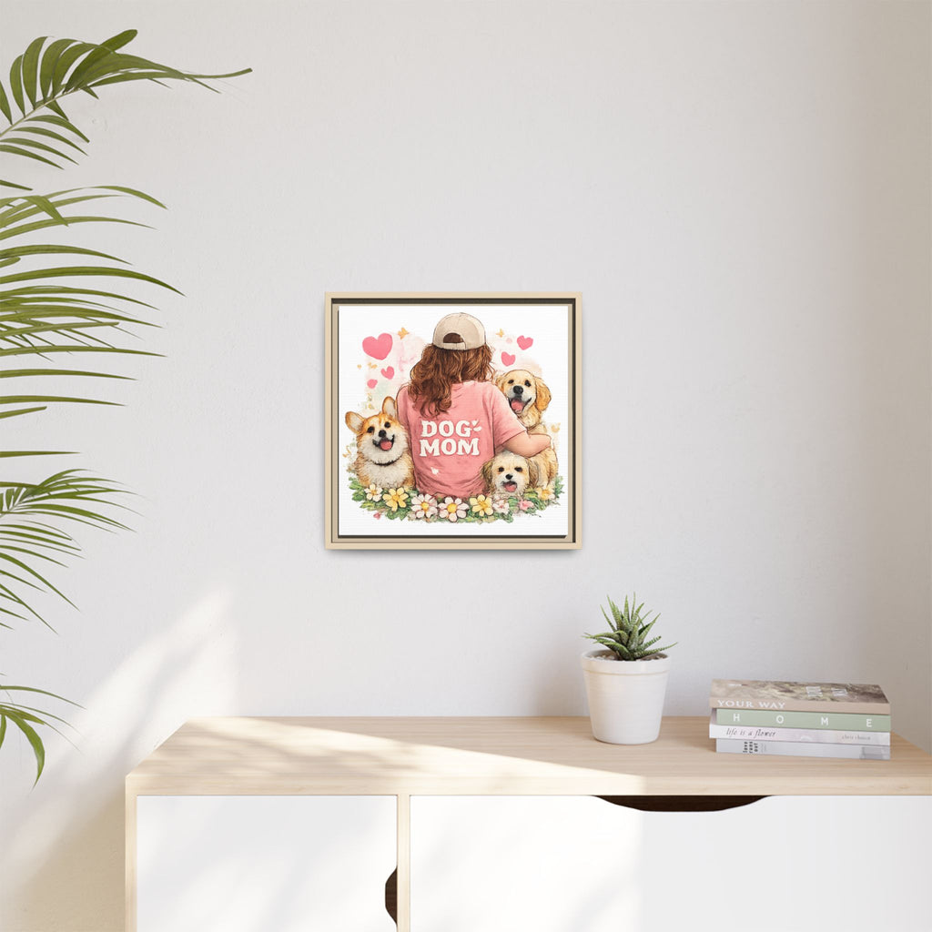 Dog Mom Canvas Print — Framed Matte Wall Art with Cute Dogs & Hearts