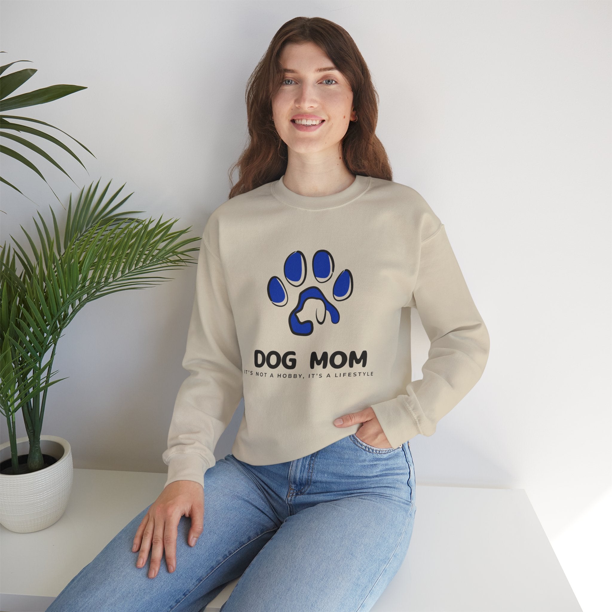 Dog Mom Crewneck Sweatshirt – Blue Paw Graphic "Dog Mom"